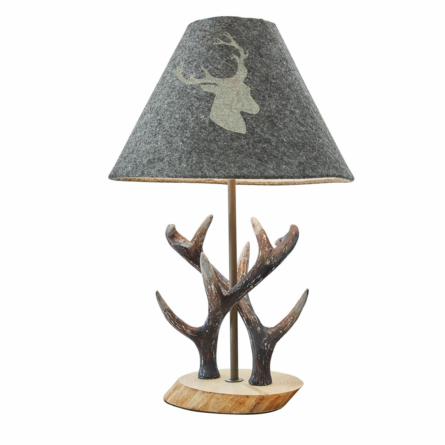 Lampa stołowa Lodge Lampka stołowa z podstawą z drewna i dekoracją poroża, szary abażur z motywem jelenia, oświetlenie dekoracyjne
