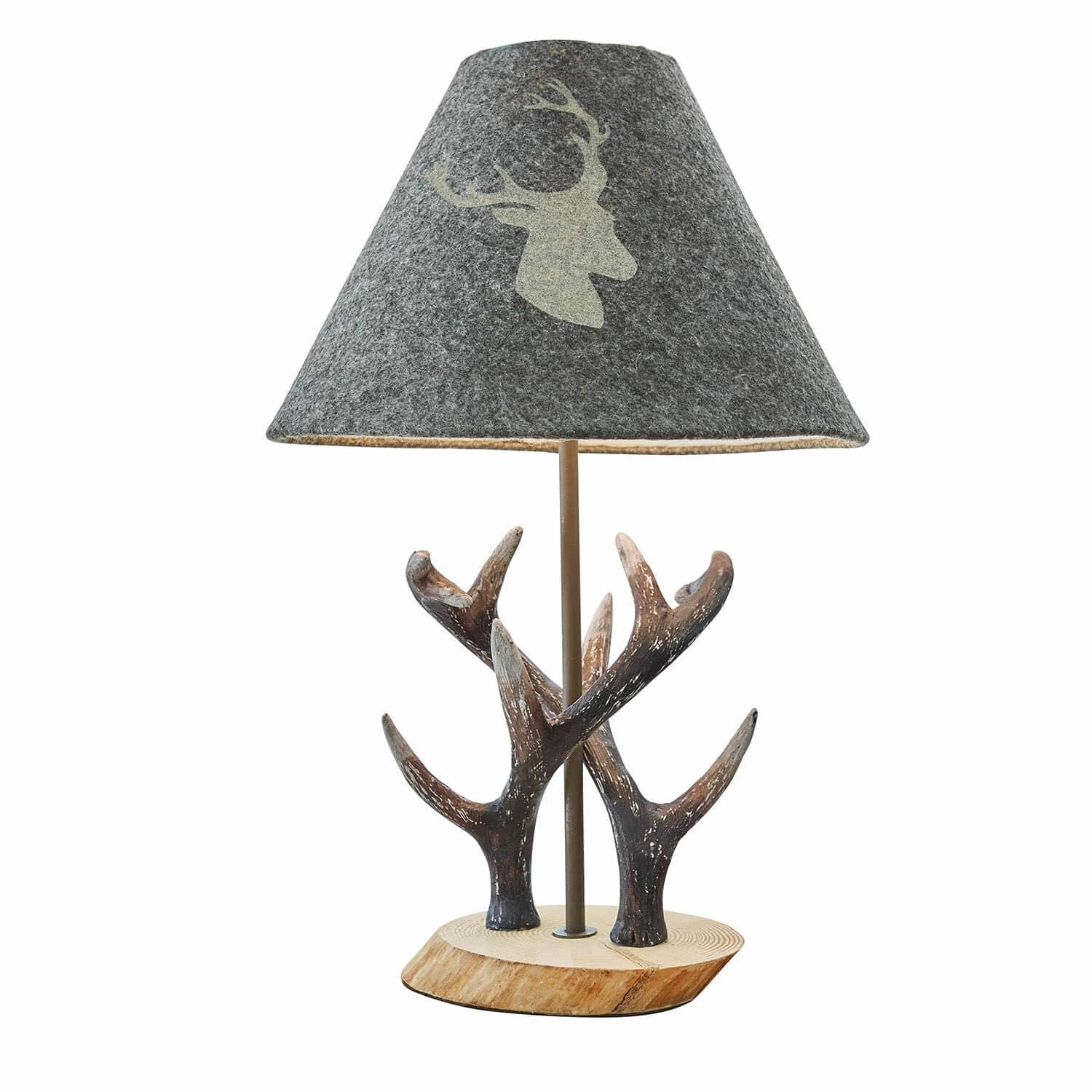 Lampa stołowa Lodge Lampka stołowa z podstawą z drewna i dekoracją poroża, szary abażur z motywem jelenia, oświetlenie dekoracyjne