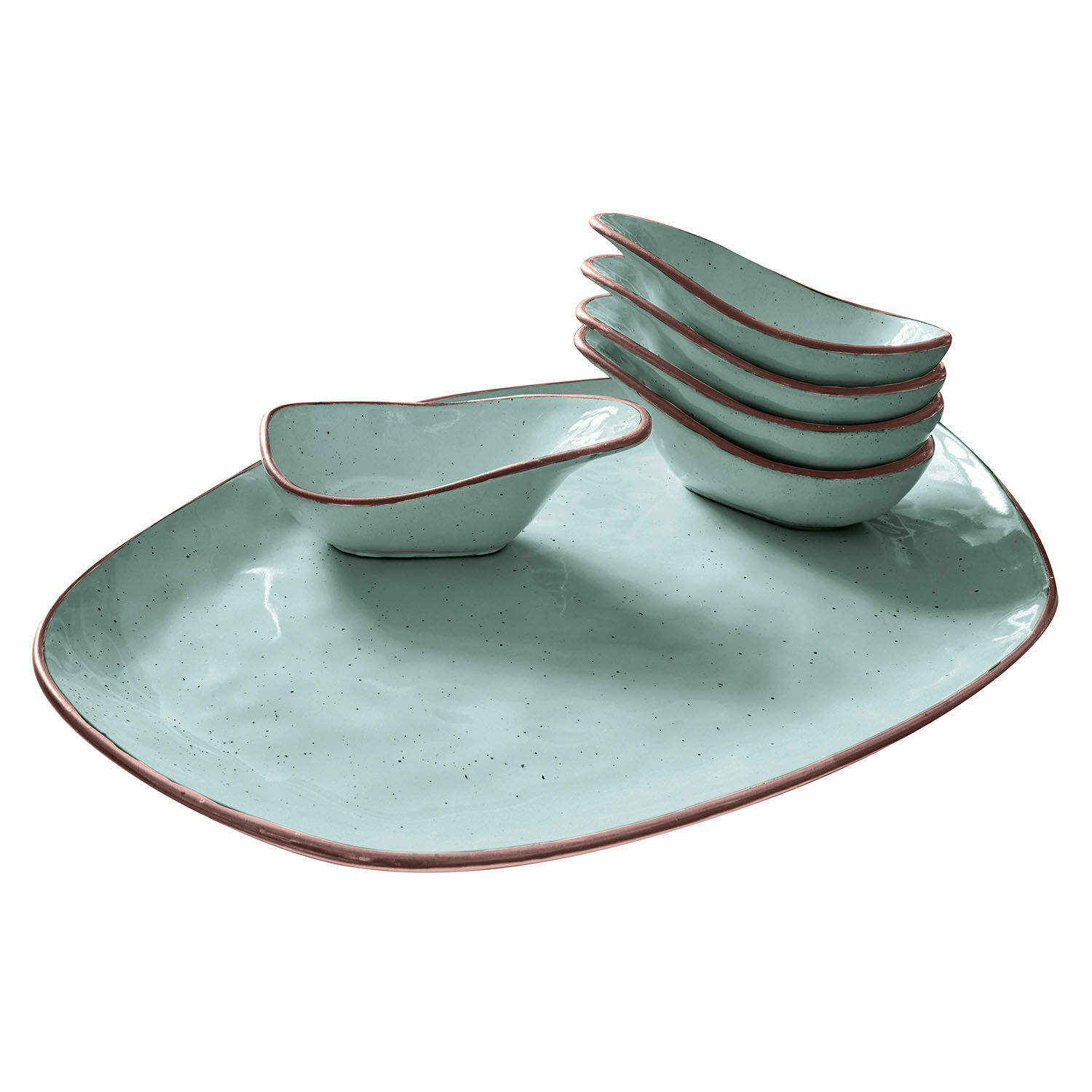 turkusowy Zestaw 6 turkusowych ceramicznych miseczek i talerz do serwowania z brązową krawędzią