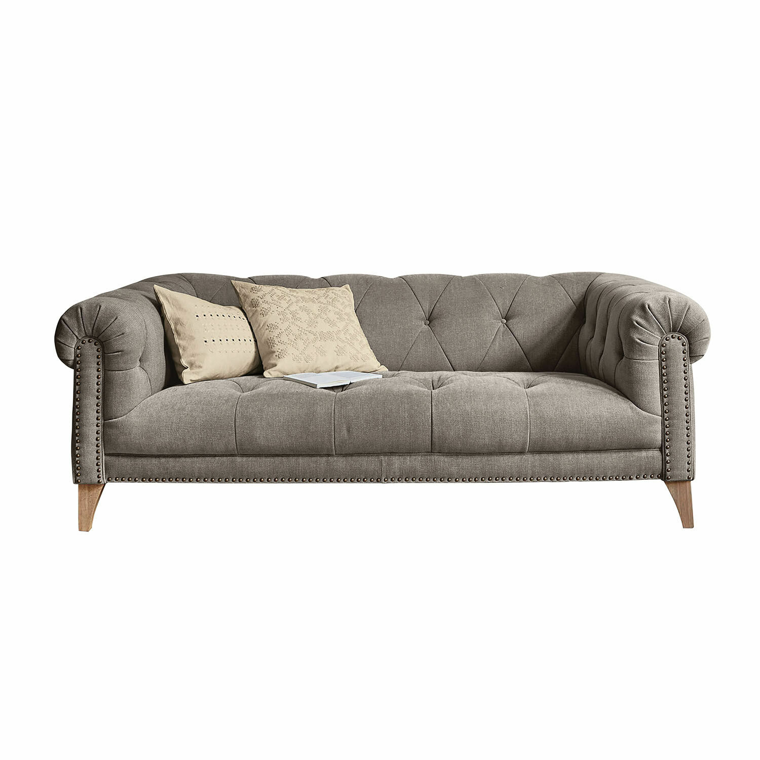 Sofa Sanbornville Szara tapicerowana sofa z ozdobnymi guzikami i drewnianymi nogami, styl vintage do salonu