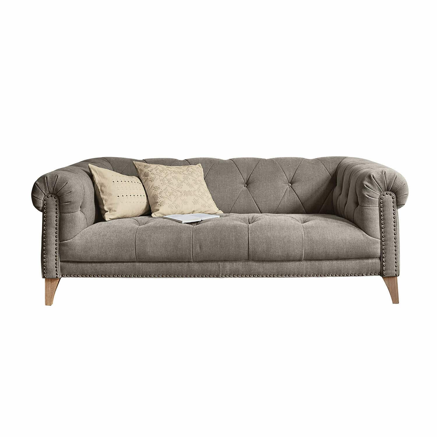 Sofa Sanbornville Szara tapicerowana sofa z ozdobnymi guzikami i drewnianymi nogami, styl vintage do salonu