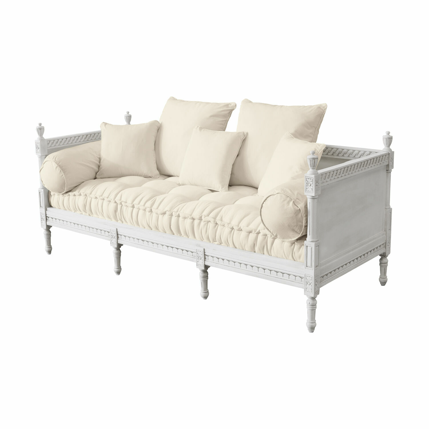 szary/lniany Sofa Douville z szarym lnianym obiciem i białą drewnianą ramą, elegancki mebel do salonu