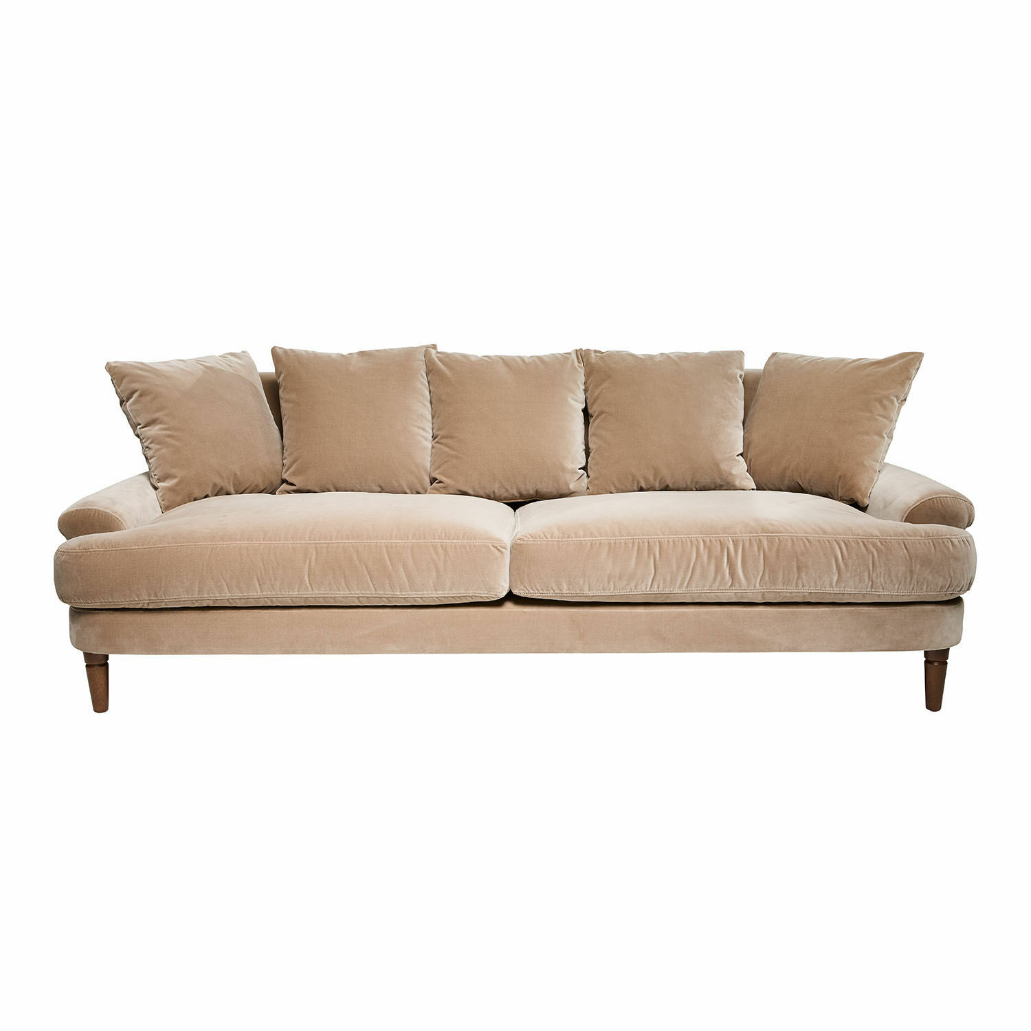 Sofa Rivermere Beżowa sofa z miękkiego materiału z pięcioma poduszkami i drewnianymi nogami, wygodne meble do salonu