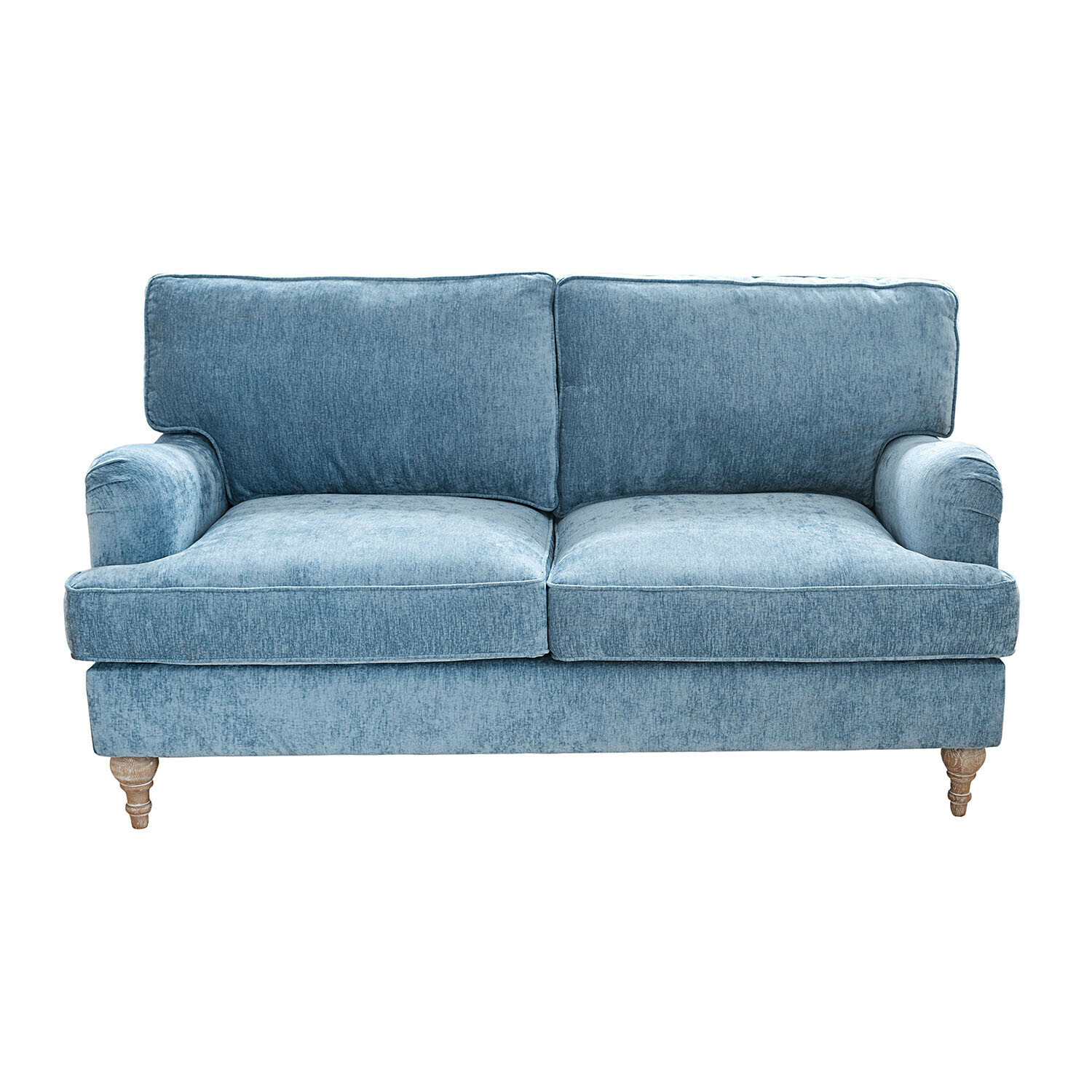 jasnoniebieski Sofa Elvika w jasnoniebieskim welurowym materiale z drewnianymi nogami, wygodne meble do salonu