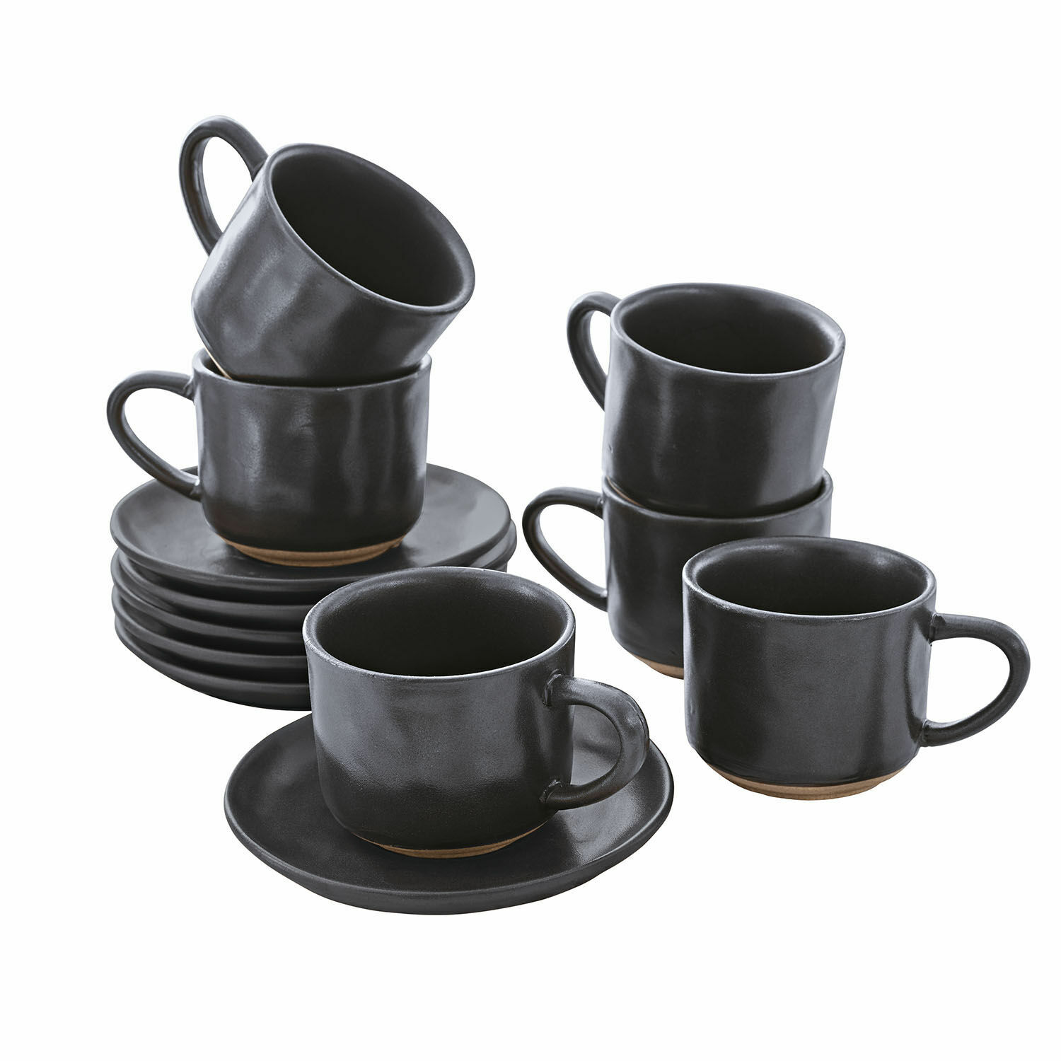 Zestaw 6 czarnych ceramicznych filiżanek do espresso z talerzykami, nowoczesny design do kawy