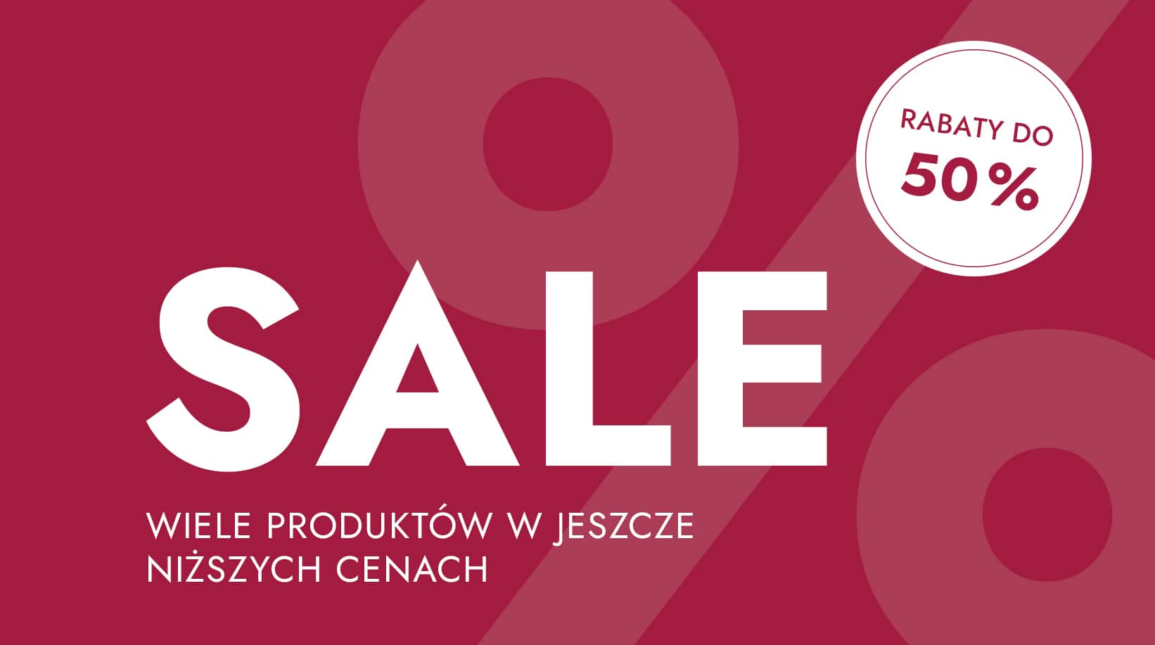 Czerwone tło z napisem SALE i informacją o rabatach do 50 procent na wiele produktów