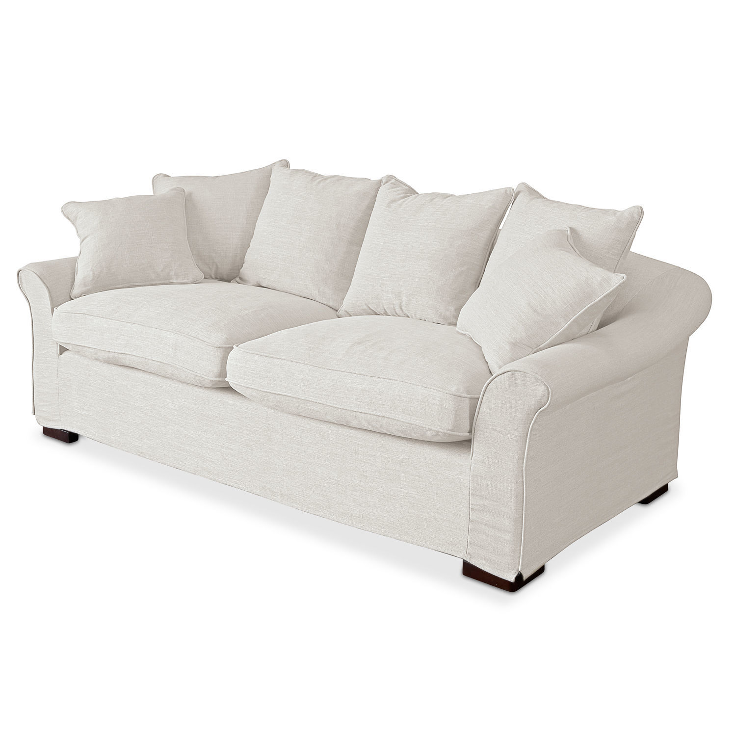 Sofa Long Beach Beżowa sofa z tkaniny z miękkimi poduszkami i ciemnymi drewnianymi nogami do salonu