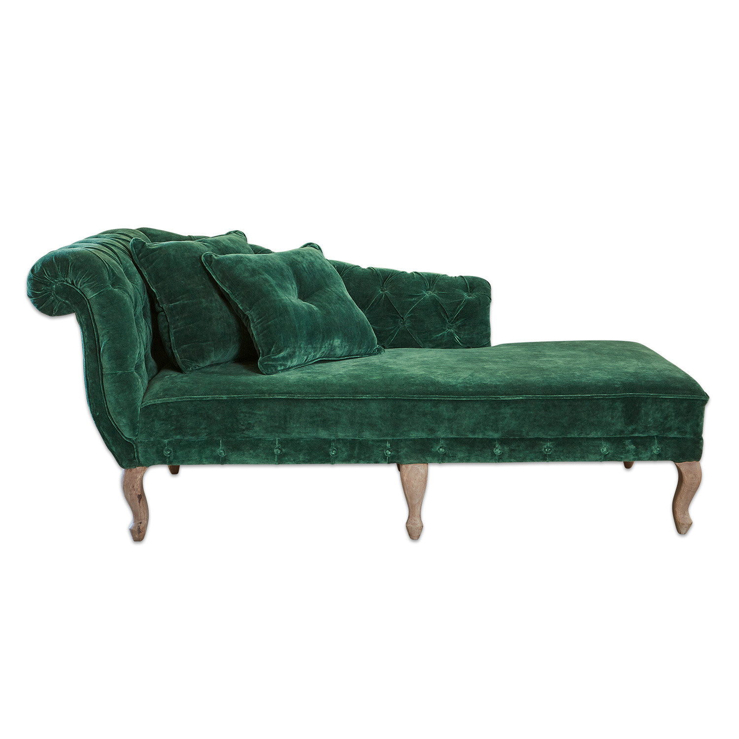 ciemnozielony Zielona aksamitna leżanka Viviani z drewnianymi nogami, elegancka sofa do salonu