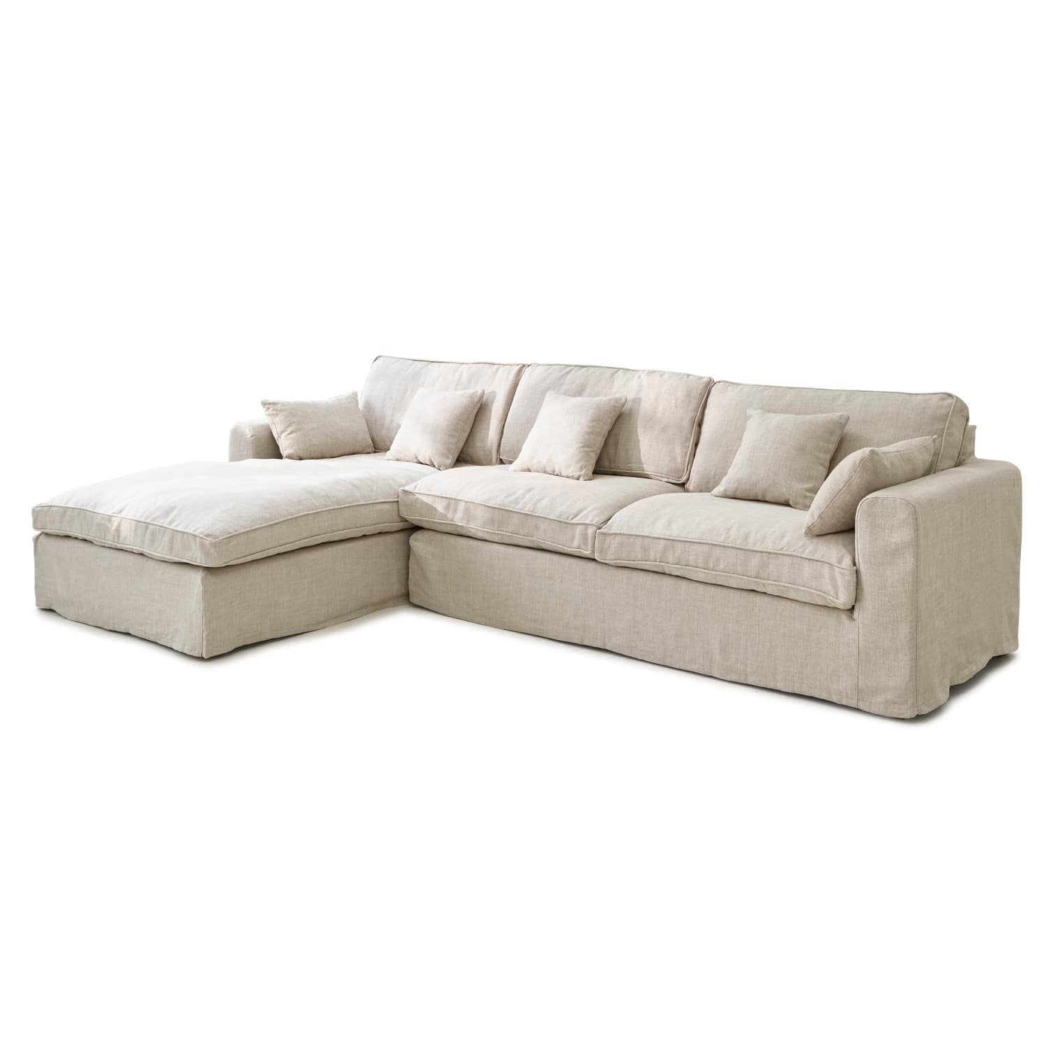 Sofa Seaford Beżowa sofa narożna z tkaniny z miękkimi poduszkami, wygodna do salonu i wypoczynku