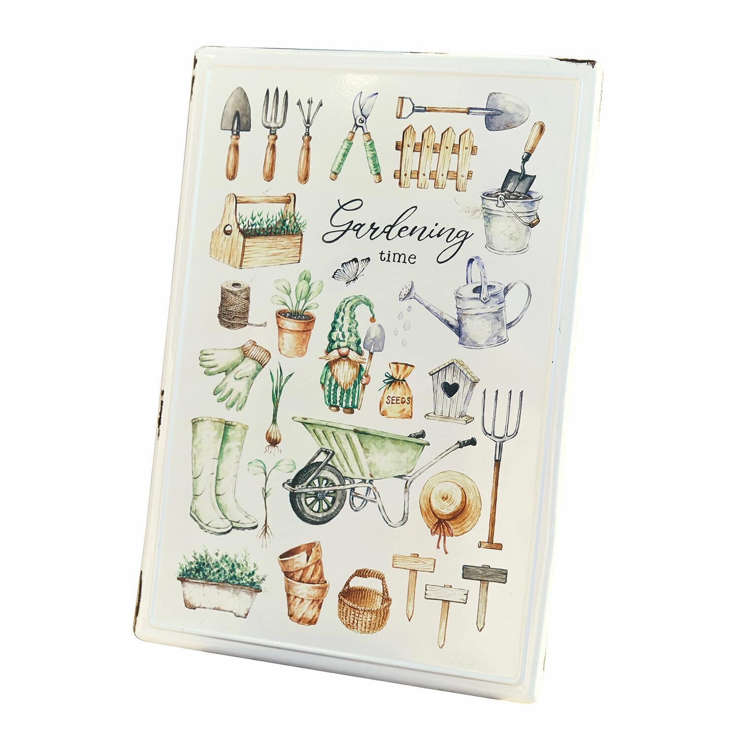 Tabliczka dekoracyjna Whyalla Metalowa tablica dekoracyjna z motywem narzędzi ogrodniczych i napisem Gardening time