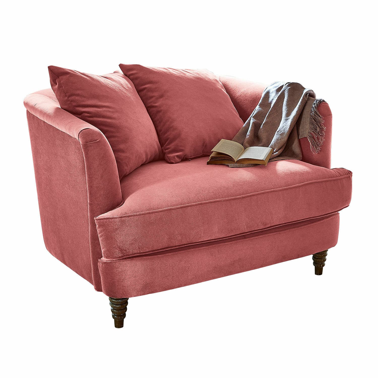 Fotel Etueffont Różowa sofa z miękkiego materiału z poduszkami i szarobrązowym kocem, wygodne meble do salonu