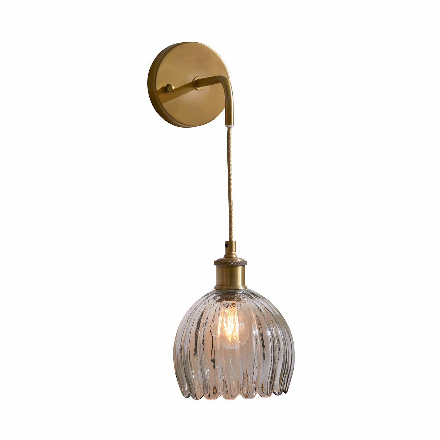 Lampa ścienna Druaila Kinkiet z mosiądzu z przezroczystym szklanym kloszem o falistym kształcie, lampa ścienna dekoracyjna