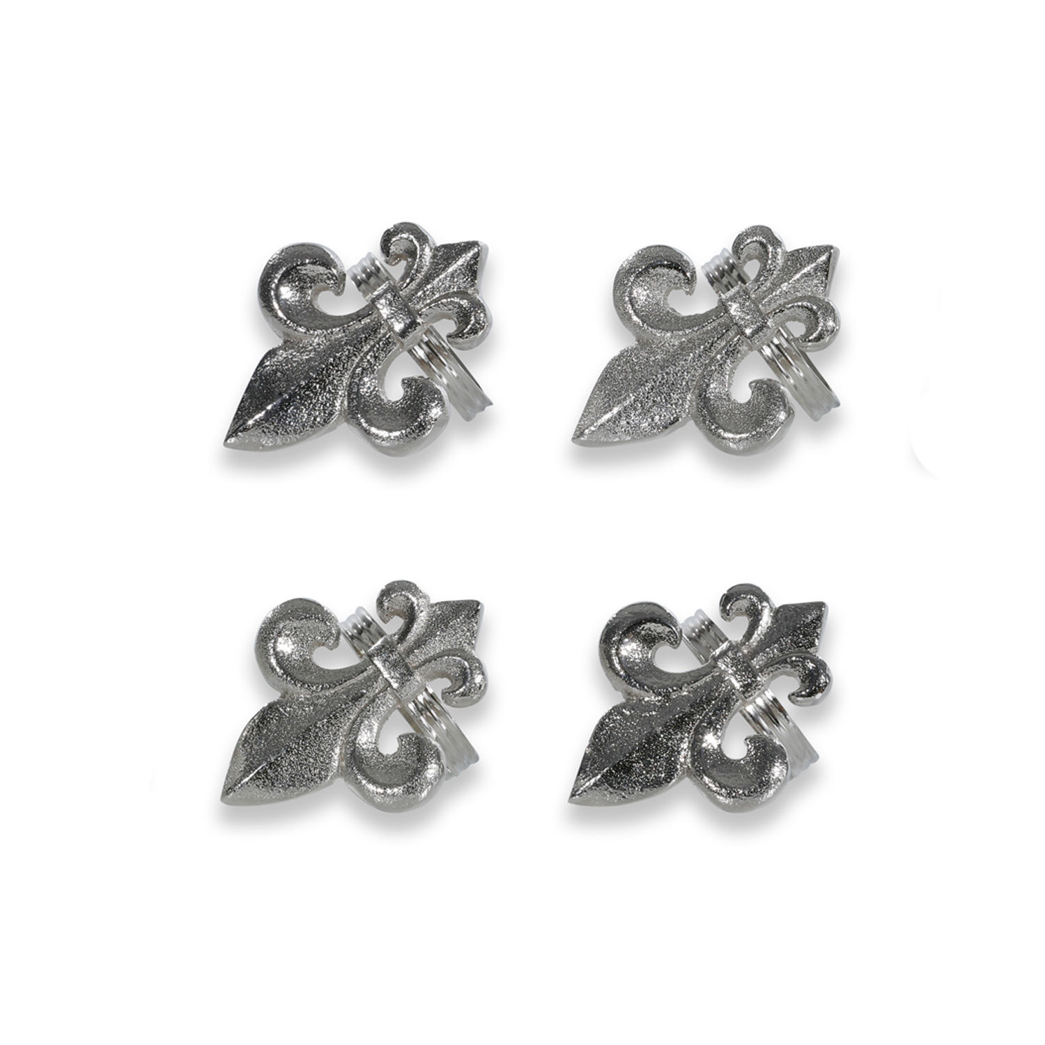 Obrączka na serwetki, zestaw 4 szt. Fleur De Lis Zestaw czterech srebrnych metalowych klamerek ozdobnych w kształcie lilijki do dekoracji domu