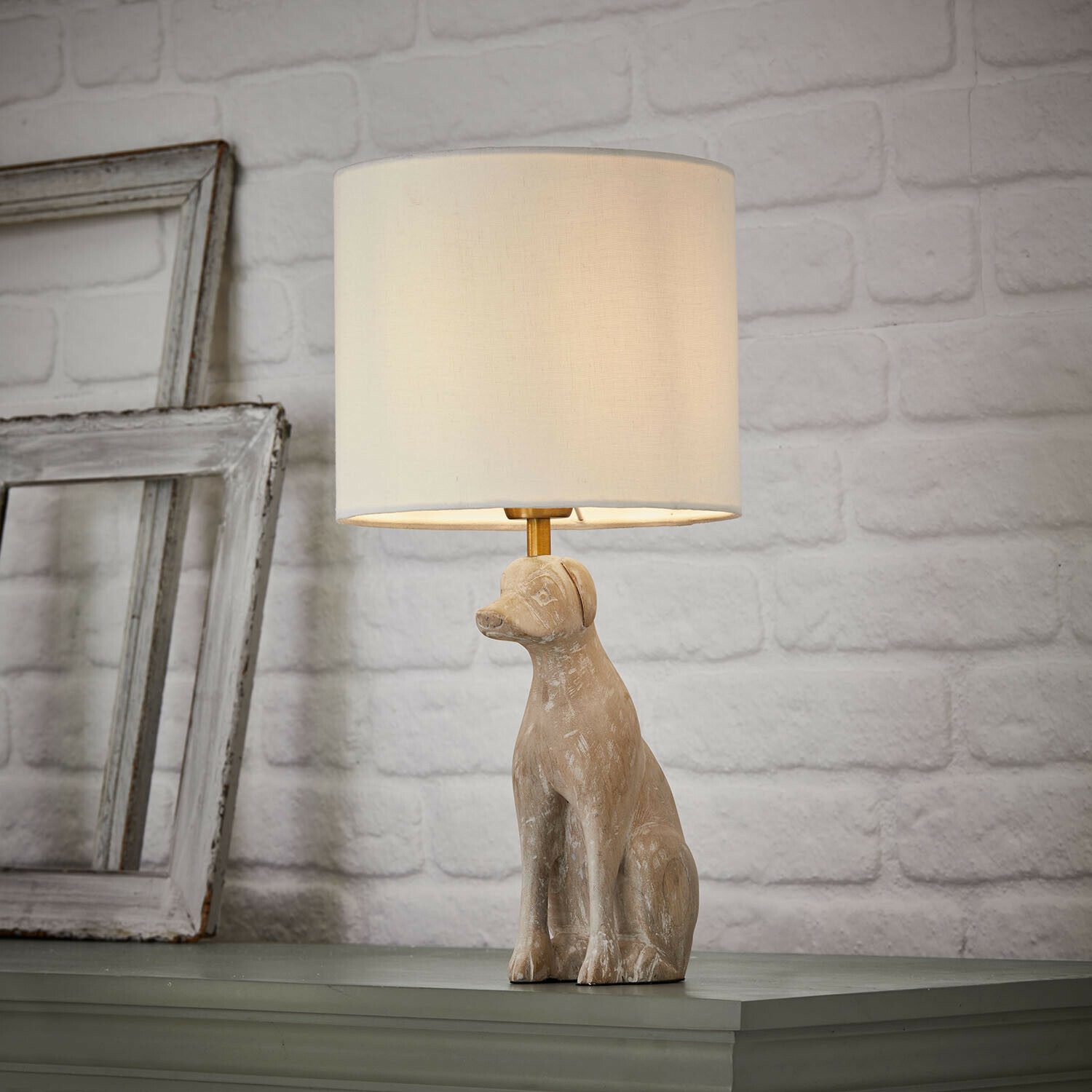 Lampa stołowa Calvix Lampka stołowa z beżową podstawą w kształcie psa i kremowym abażurem, dekoracja do salonu