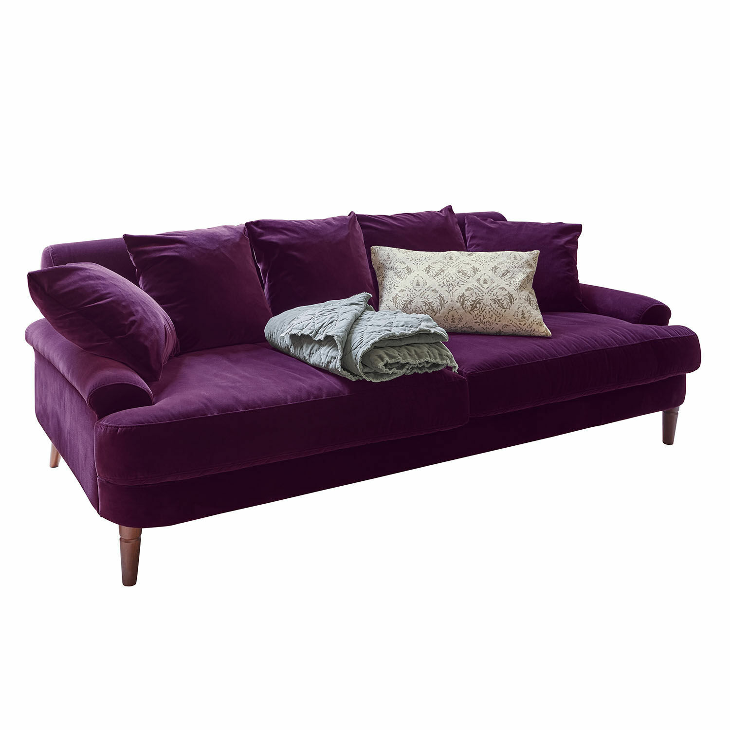 Sofa Rivermere Fioletowa welurowa sofa z poduszkami i szarym kocem, nowoczesny mebel wypoczynkowy do salonu