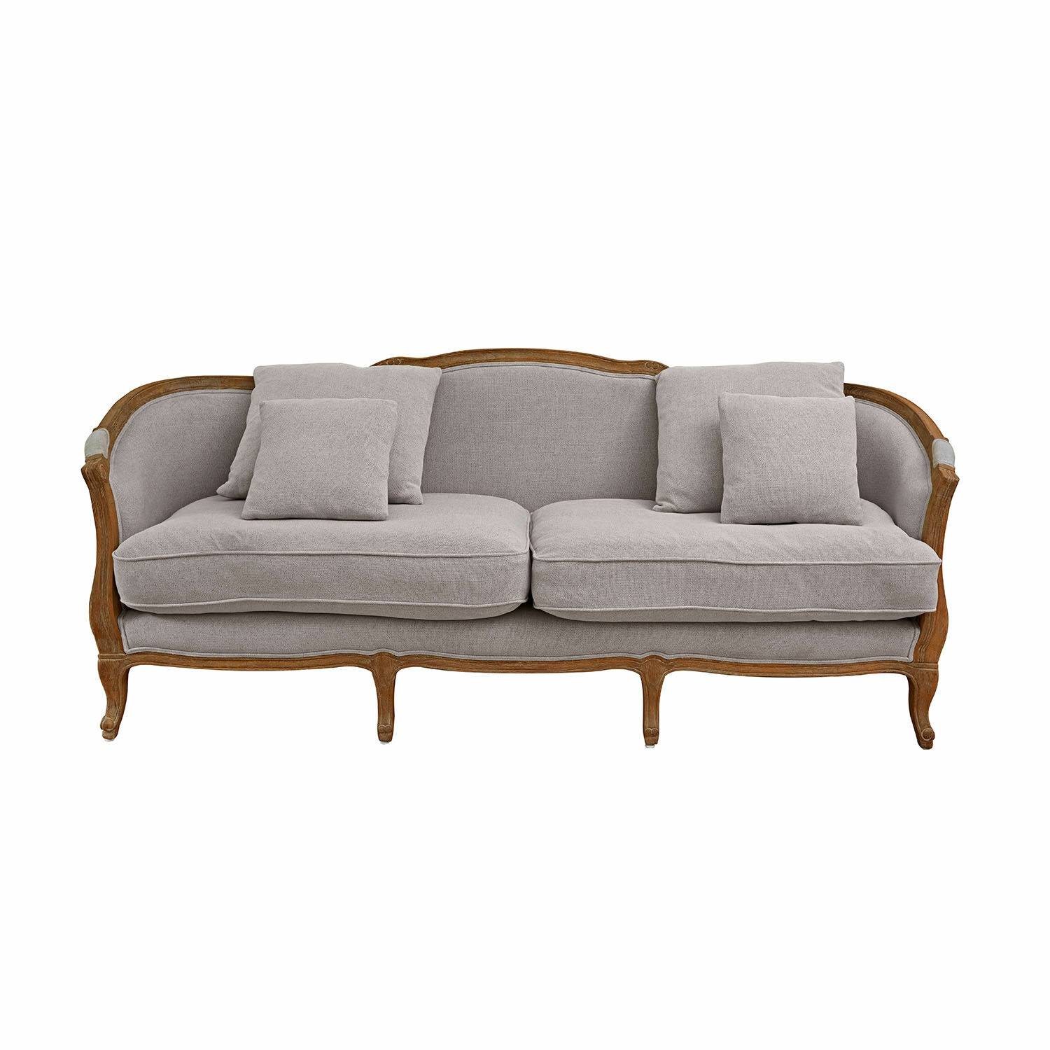 jasny szary Sofa Monneville w jasnoszarej tkaninie z drewnianą ramą, elegancki mebel wypoczynkowy do salonu