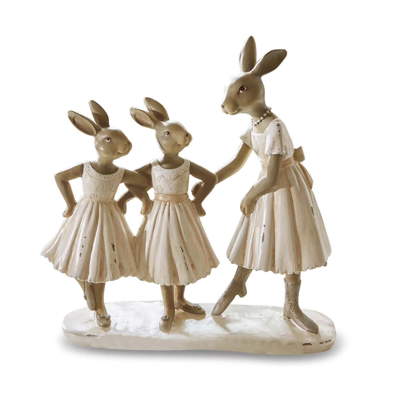 Zajączki Danseuses Figurki trzech królików w kremowych sukienkach z materiału, dekoracja wielkanocna do domu