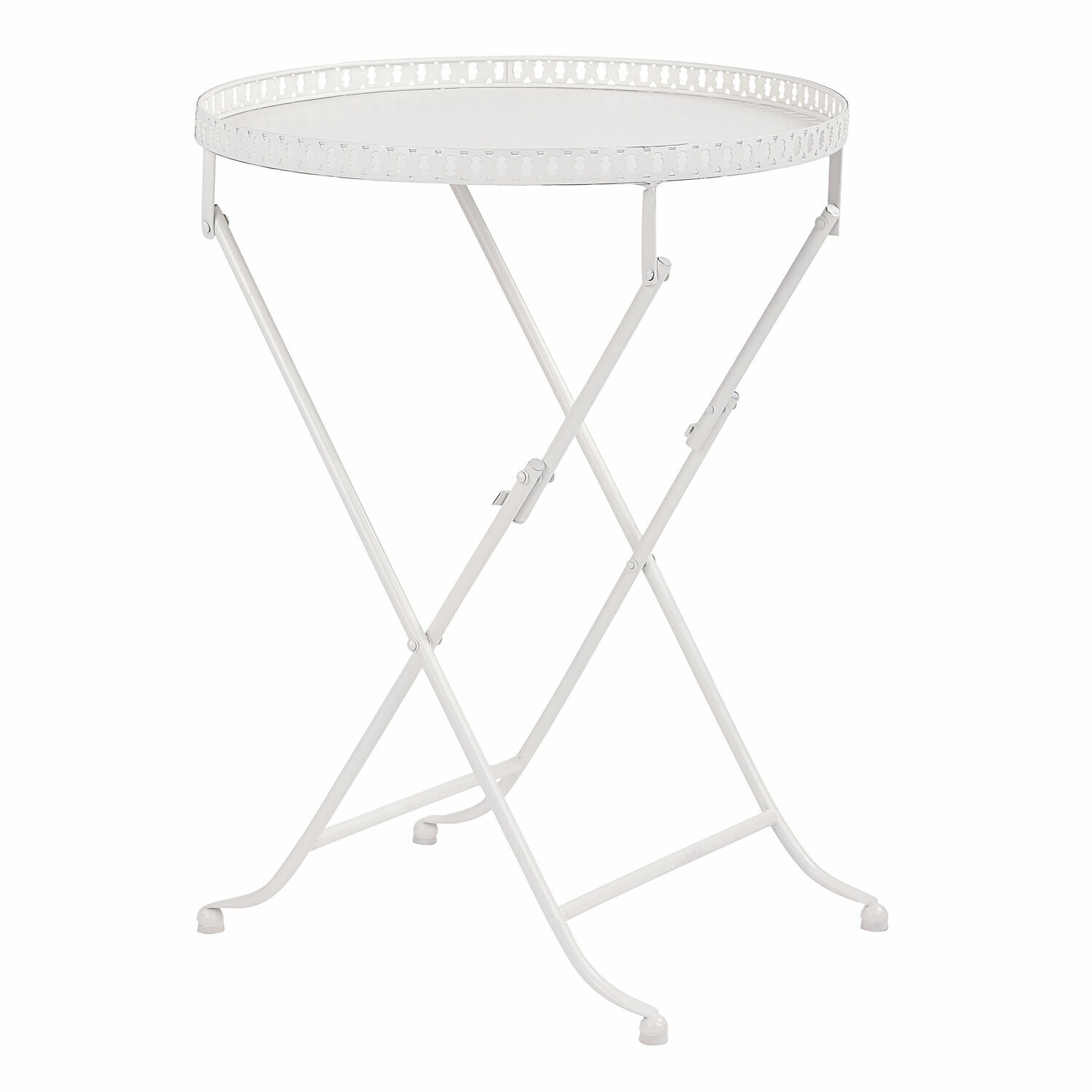 Biały metalowy stolik pomocniczy Bierret z ażurowym obrzeżem, lekki i składany do wnętrz i ogrodu