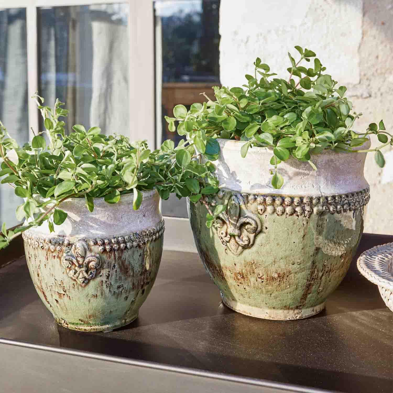 Dwa ceramiczne donice w zielono-białym kolorze z roślinami na zewnątrz, dekoracyjne wzory