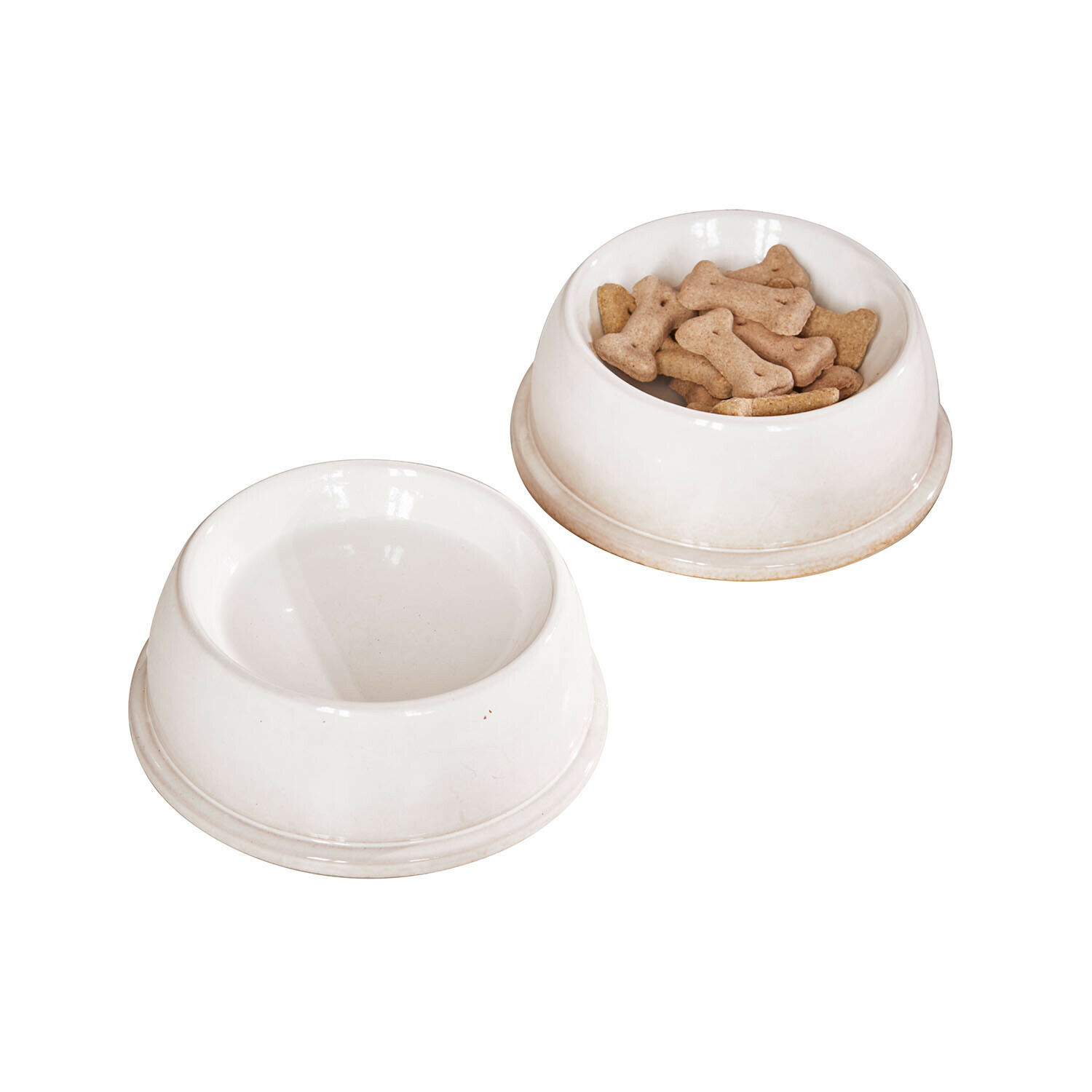 Miska na karmę, zestaw 2 szt. Kireva Dwa białe ceramiczne miski dla psa, jedna z suchą karmą w kształcie kości, miski do karmienia zwierząt
