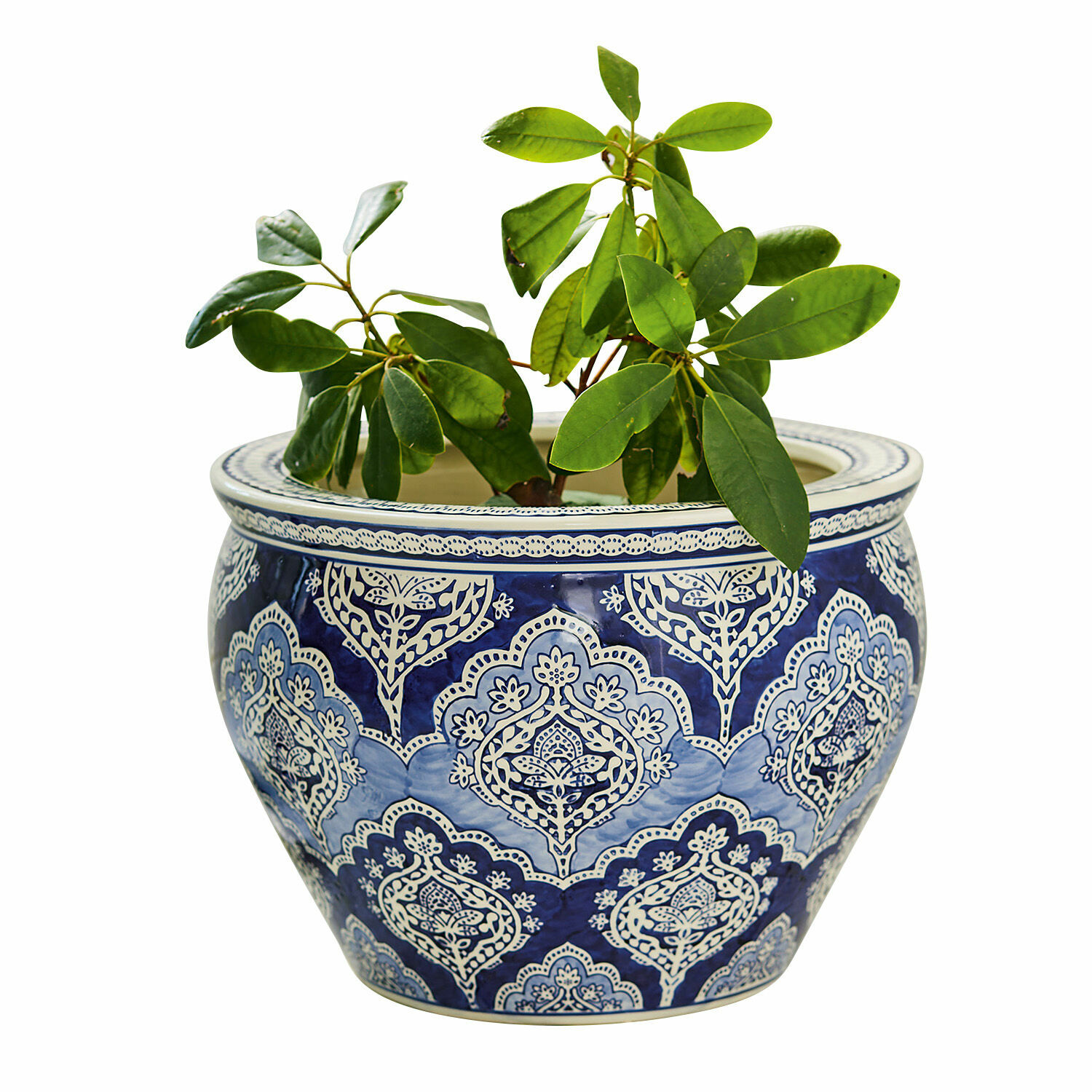 Osłonka doniczki Aurélie Ceramiczna doniczka w niebiesko-białe wzory z zieloną rośliną, dekoracja wnętrz i ogrodu