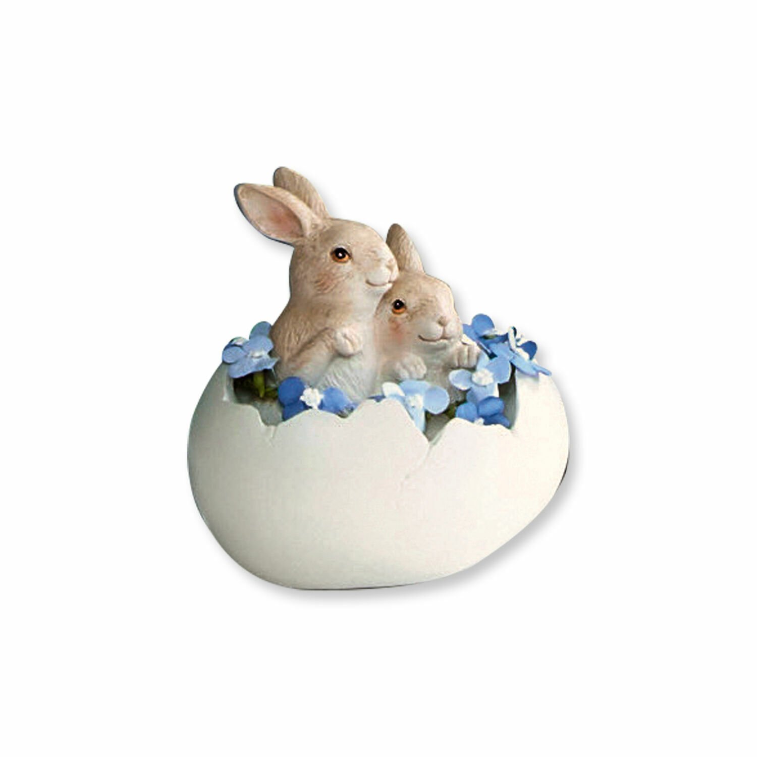 Zające w jajku Miksa Figurka dwóch królików w skorupce jajka z niebieskimi kwiatami, dekoracja ceramiczna na Wielkanoc
