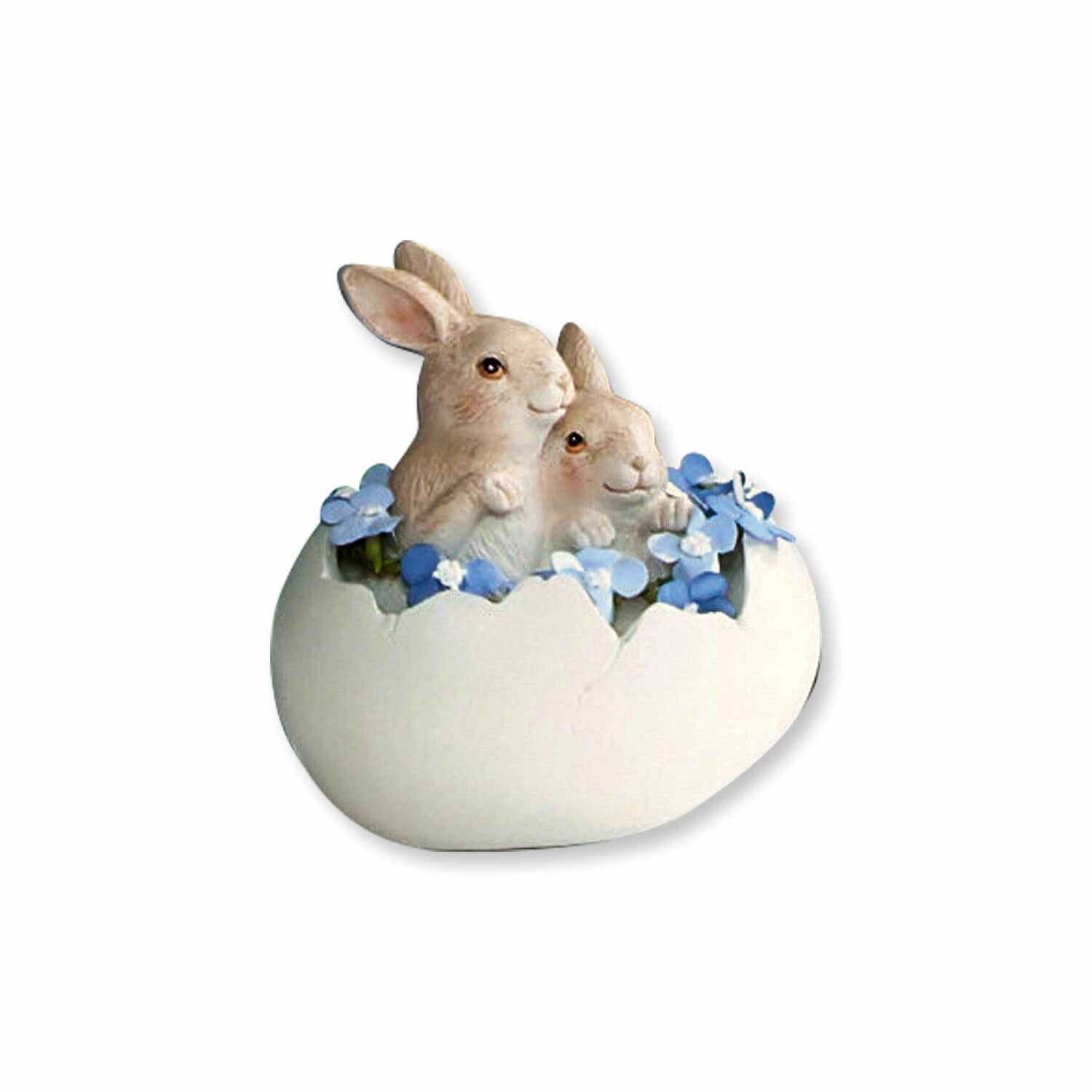 Zające w jajku Miksa Figurka dwóch królików w skorupce jajka z niebieskimi kwiatami, dekoracja ceramiczna na Wielkanoc
