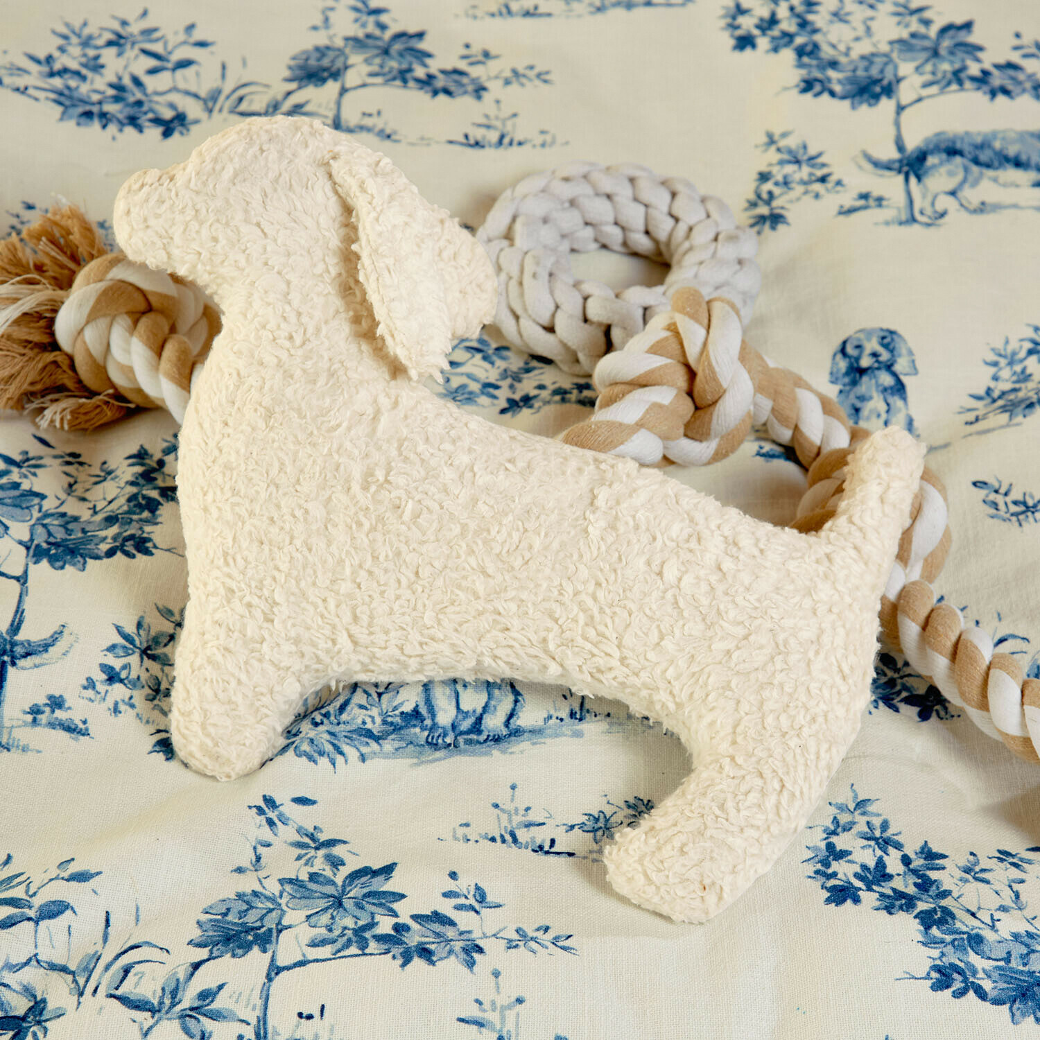 Pluszowa zabawka dla psa w kształcie kremowego psa z bawełnianym sznurkiem do gryzienia