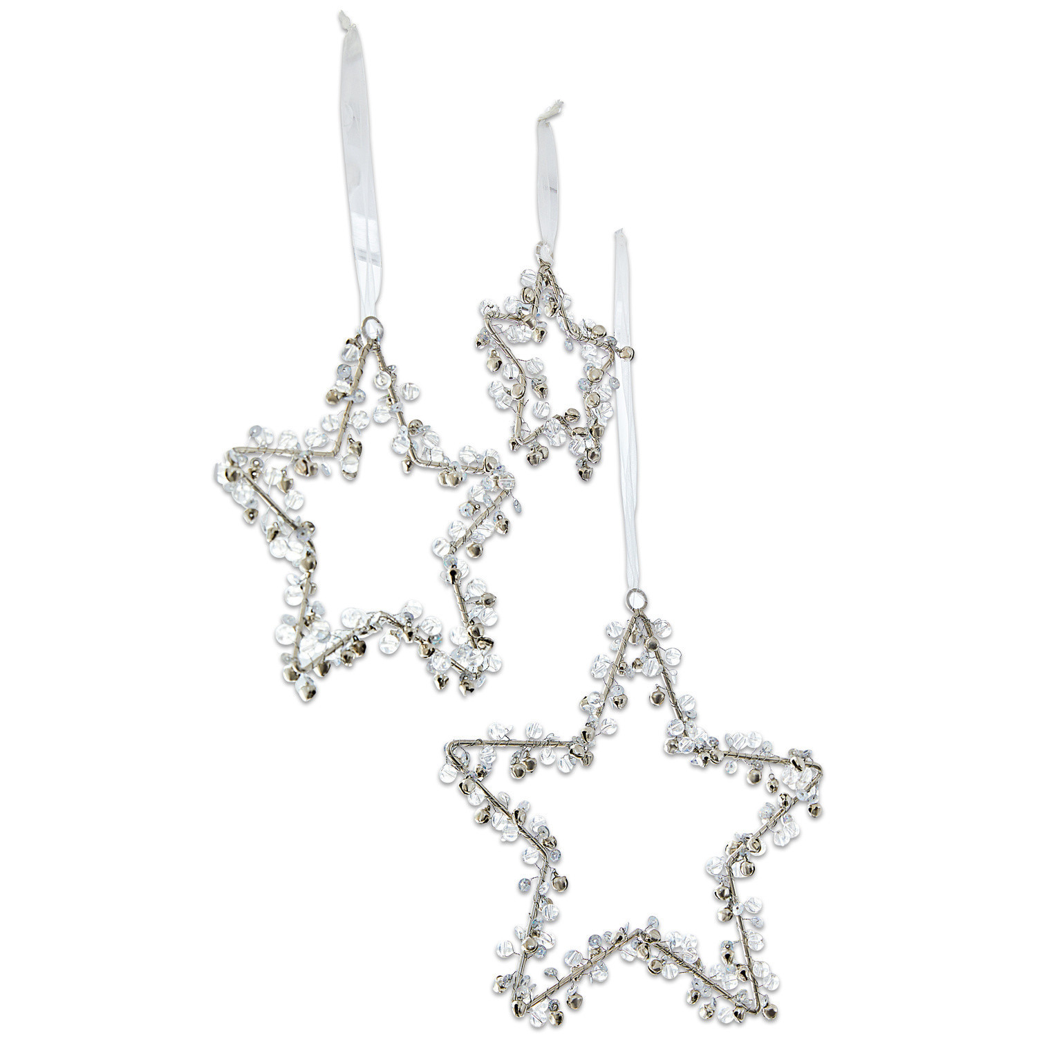 Świąteczne zawieszki, zestaw 3 szt. Harley Zestaw trzech gwiazdek dekoracyjnych z metalu i przezroczystych koralików na białych wstążkach, ozdoba świąteczna