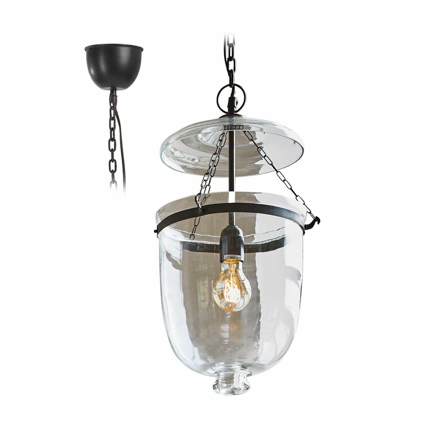 Lampa wisząca Lanta Szklana lampa wisząca z czarnym metalowym łańcuchem i kloszem, oświetlenie dekoracyjne do wnętrz