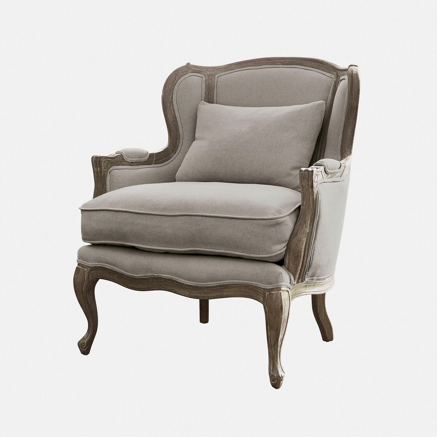 Fotel Kingswinford Klasyczny fotel z szarą tkaniną i drewnianą ramą w stylu vintage do salonu