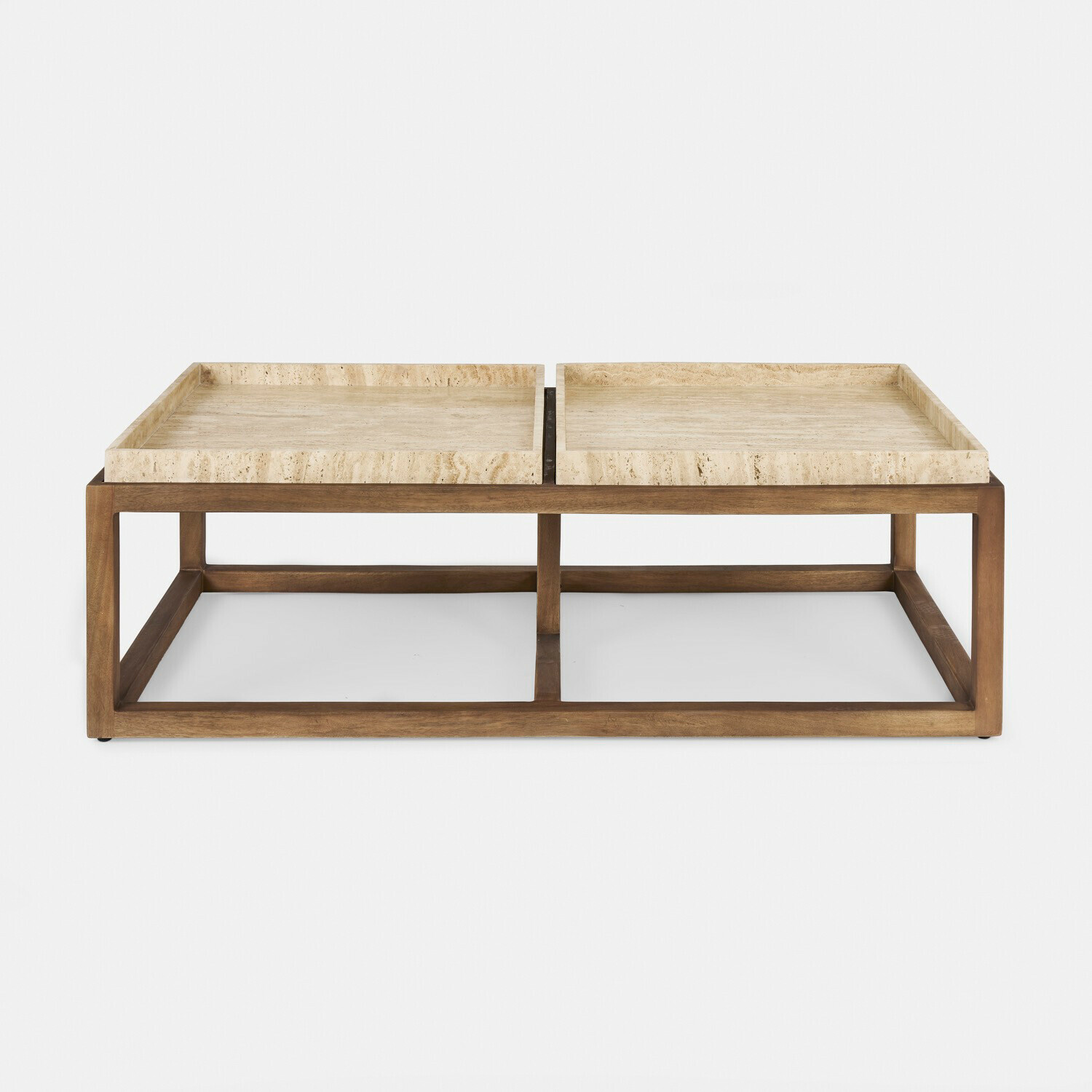 Stolik kawowy Edwyn Stolik kawowy z jasnego drewna i beżowego marmuru, nowoczesny design do salonu