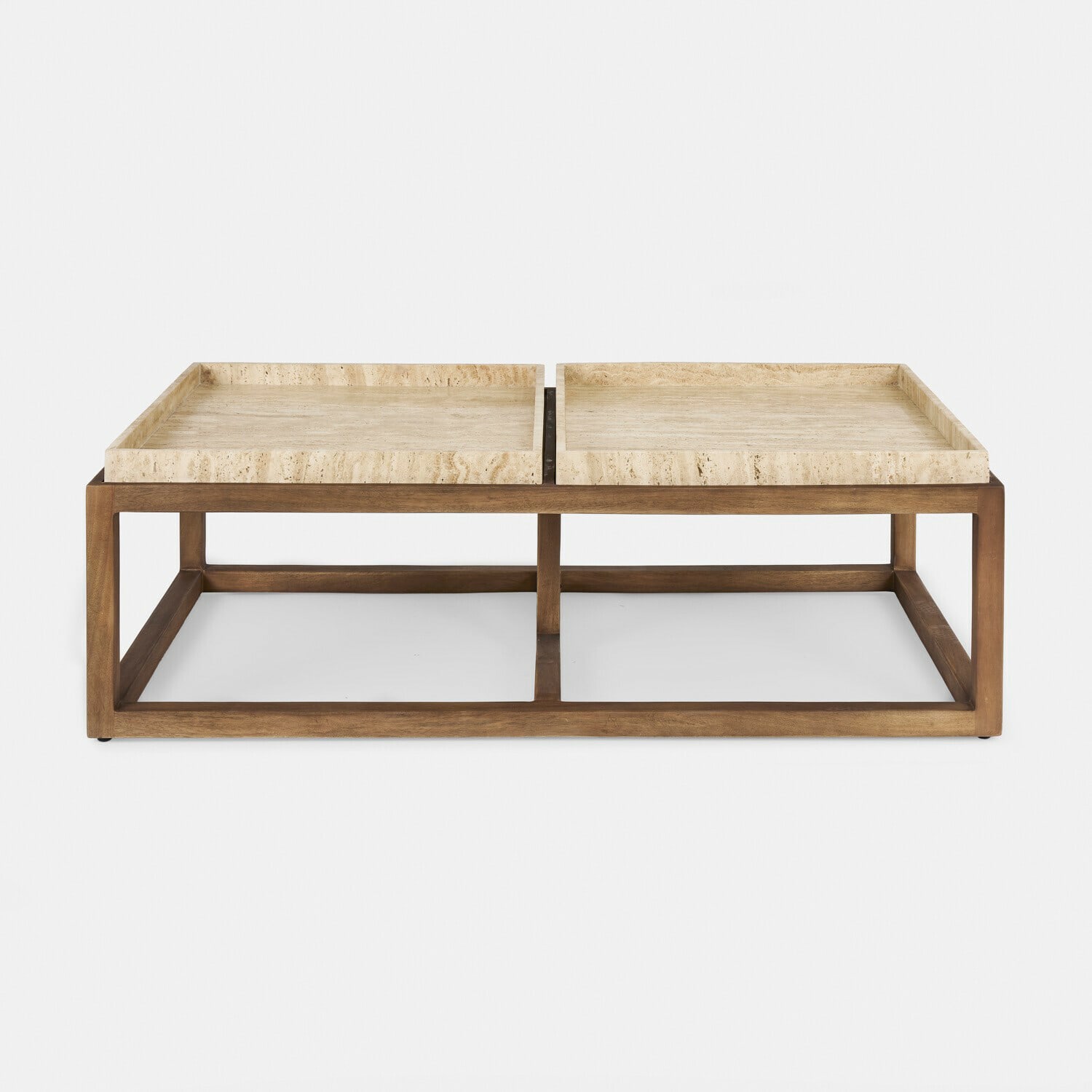 Stolik kawowy Edwyn Stolik kawowy z jasnego drewna i beżowego marmuru, nowoczesny design do salonu