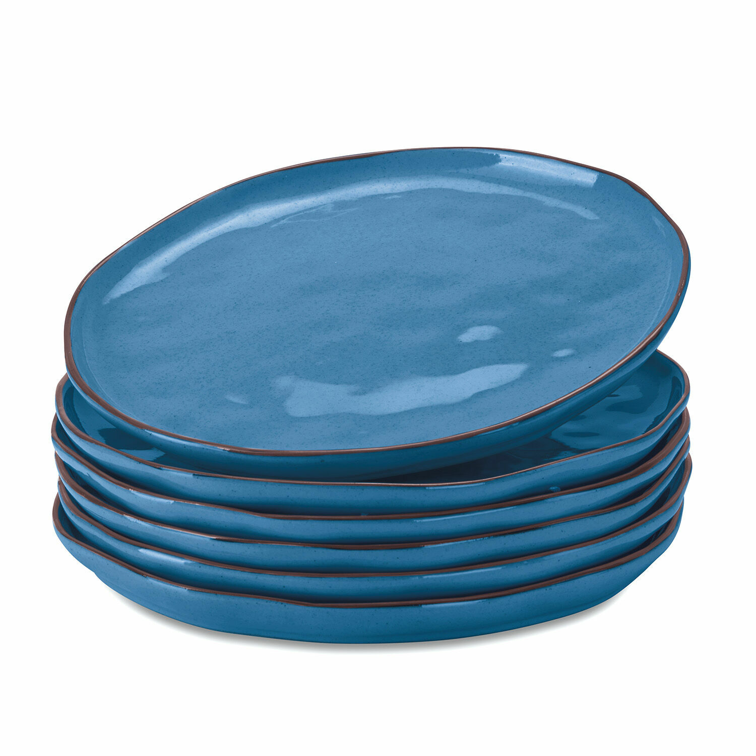 niebieski Zestaw 6 niebieskich ceramicznych talerzy Biarr z brązową krawędzią do codziennego użytku