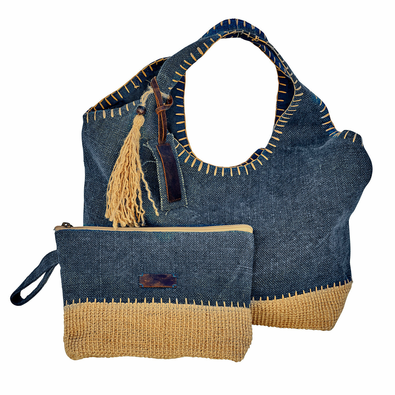 Torba, zestaw 2 szt. Cacula Granatowa torba i kosmetyczka z materiału i słomy z ozdobnym chwostem, styl boho, modne akcesoria