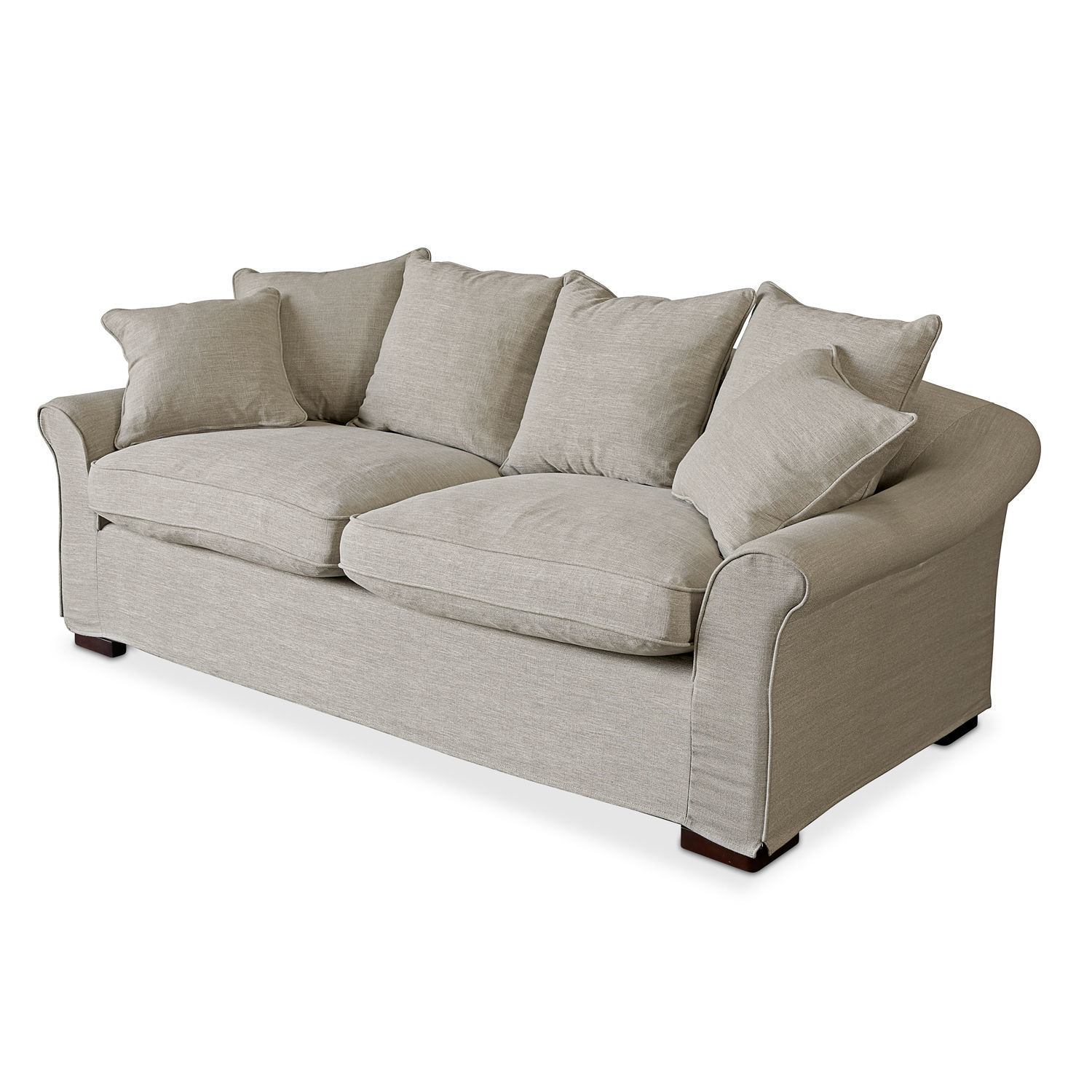Sofa Long Beach Beżowa sofa tapicerowana z miękkimi poduszkami i drewnianymi nogami, wygodne meble do salonu