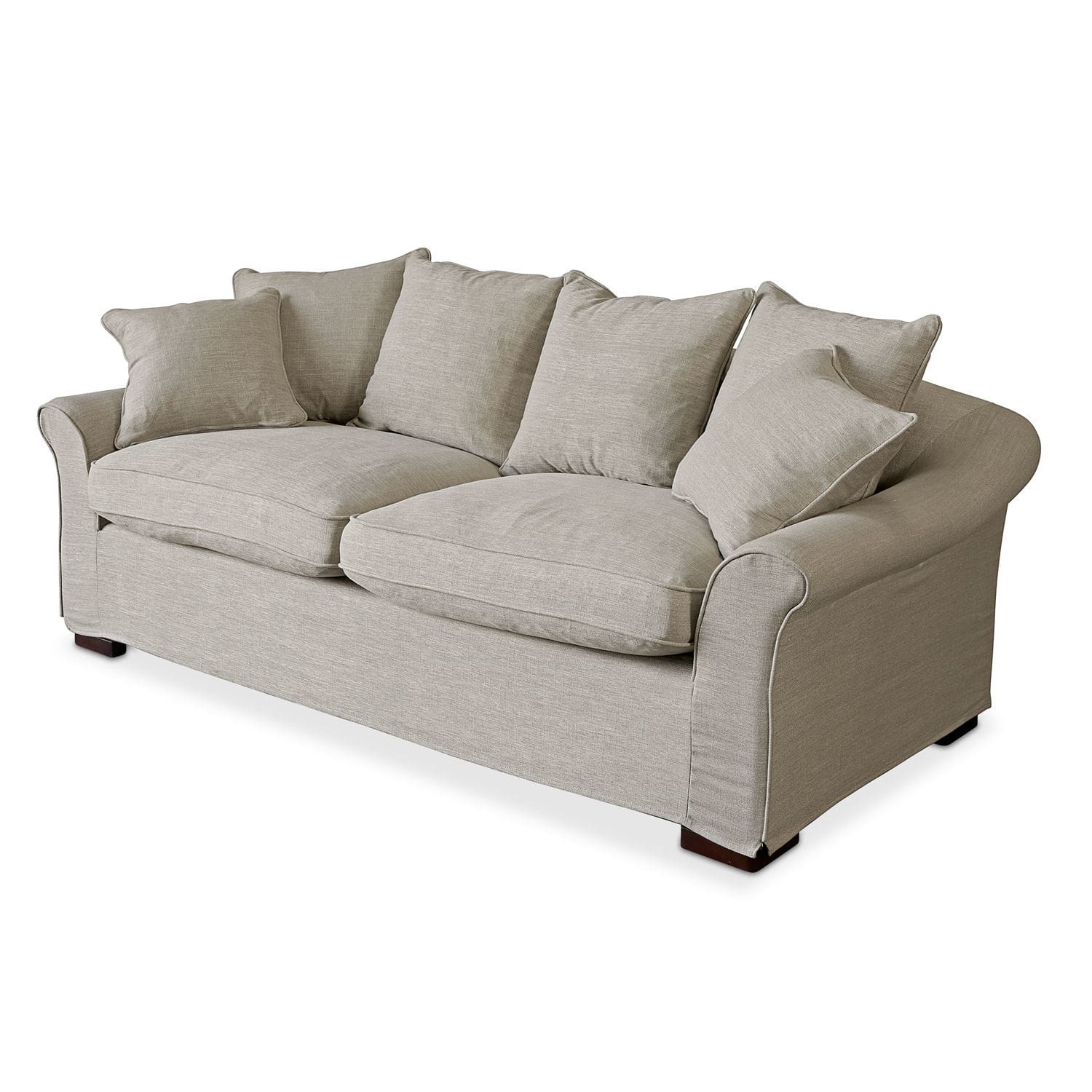 Sofa Long Beach Beżowa sofa tapicerowana z miękkimi poduszkami i drewnianymi nogami, wygodne meble do salonu