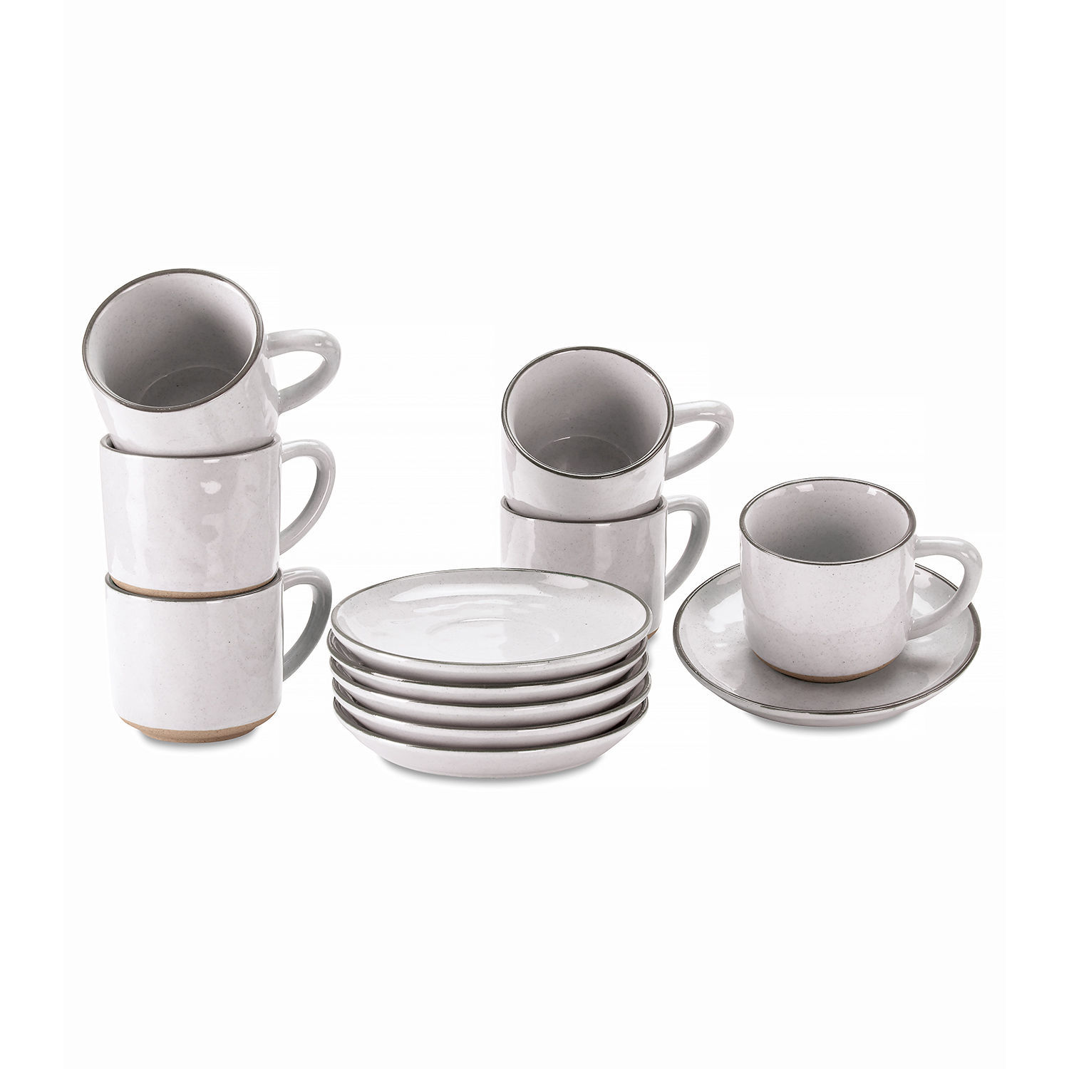 Filiżanka ze spodkiem, zestaw 6 szt. Biarré Zestaw białych ceramicznych filiżanek i talerzyków z delikatną szarą obwódką do kawy i herbaty
