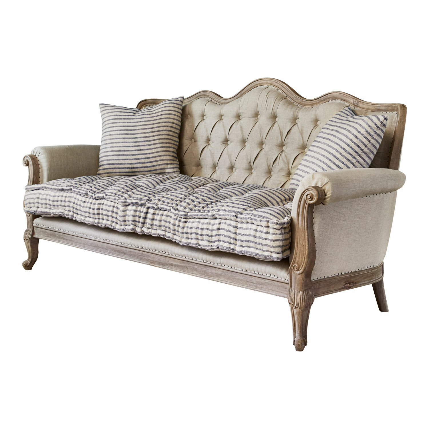 Sofa Malabon Sofa w stylu vintage z drewnianą ramą i beżową tapicerką z poduszkami w paski