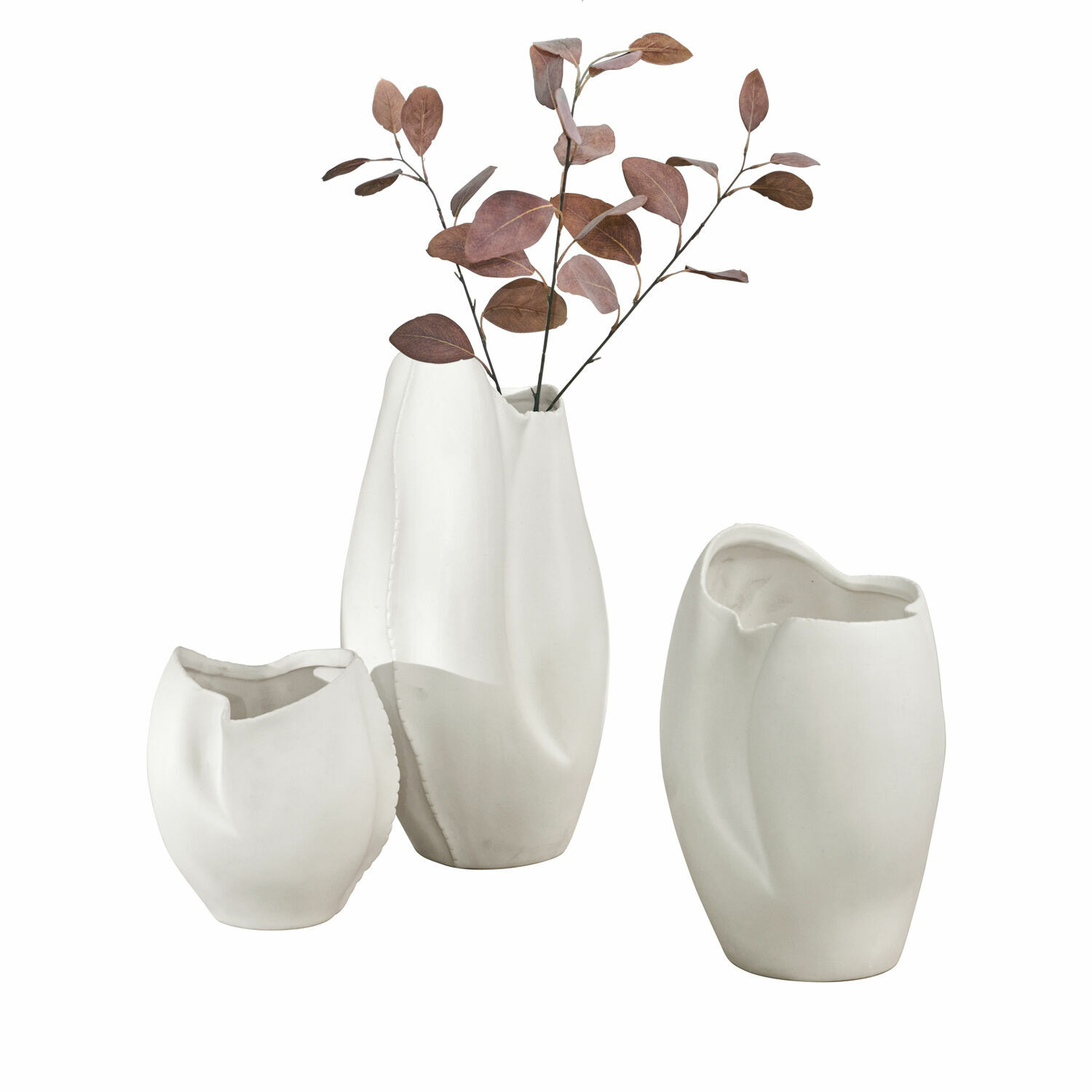 Wazon, zestaw 3 szt. Kazimad Zestaw trzech białych ceramicznych wazonów o nieregularnym kształcie do dekoracji wnętrz