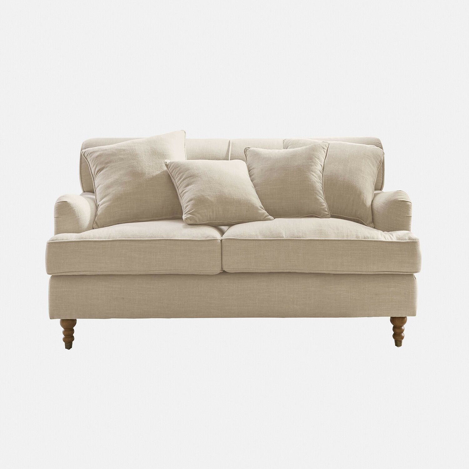lniany Sofa Isa z beżowego lnu z poduszkami i drewnianymi nogami, wygodne meble do salonu