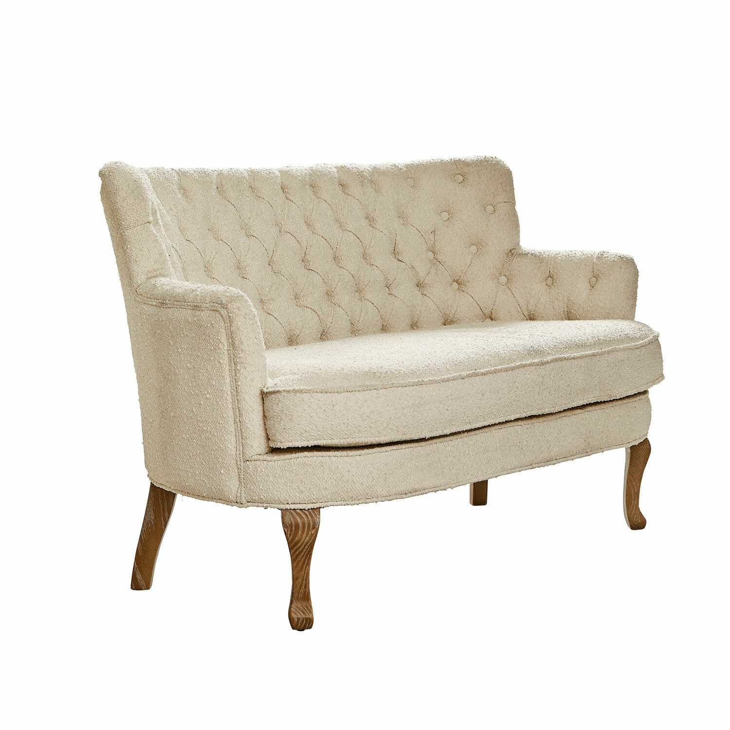 Sofa Calgary Beżowa dwuosobowa sofa z tkaniny boucle i drewnianymi nogami, elegancki mebel do salonu