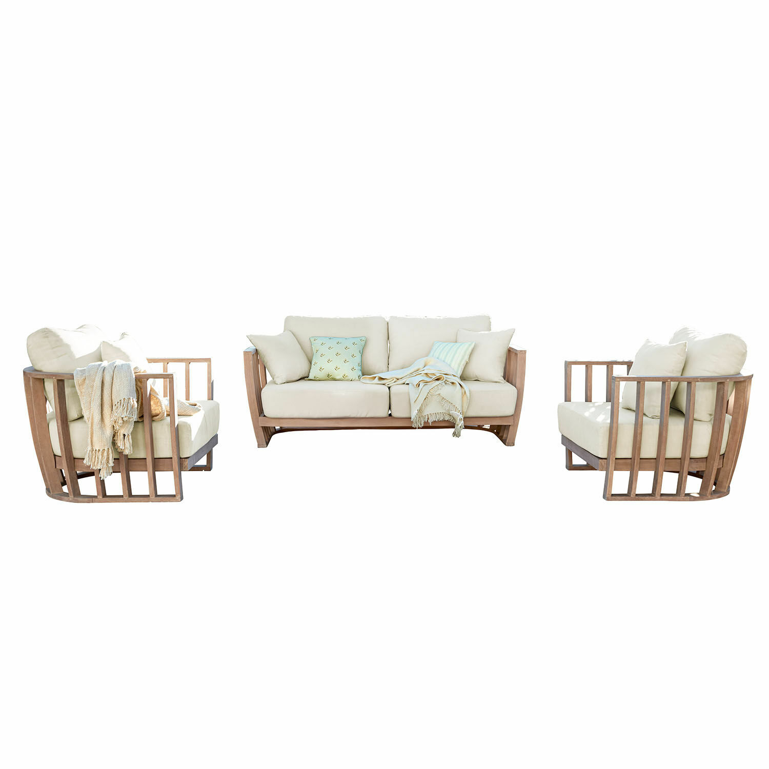 Zestaw mebli FSC®-100% Vézère Zestaw mebli wypoczynkowych z drewna i kremowymi poduszkami, nowoczesny design do salonu