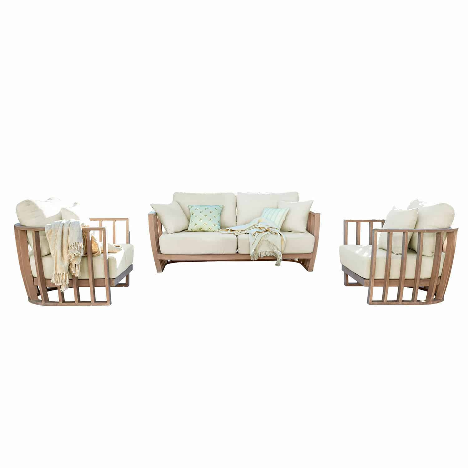 Zestaw mebli FSC®-100% Vézère Zestaw mebli wypoczynkowych z drewna i kremowymi poduszkami, nowoczesny design do salonu