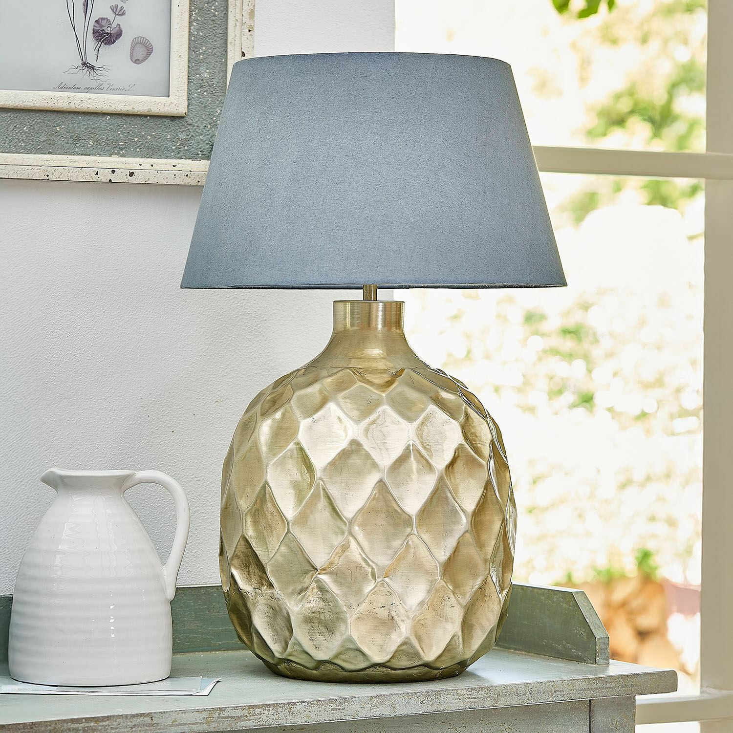 Lampa stołowa Maricot Lampka stołowa z mosiądzu z niebieskim abażurem, dekoracyjna lampa do salonu