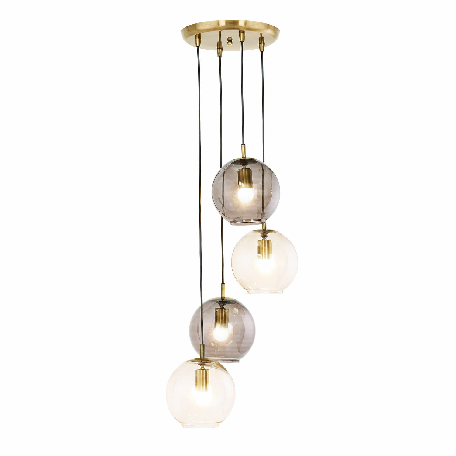 Lampa wisząca Brontille Nowoczesna lampa wisząca z czterema kulistymi kloszami ze szkła w kolorze dymnym i przezroczystym