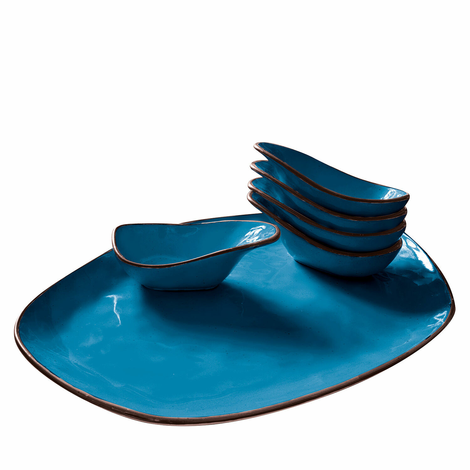 niebieski Zestaw 6 niebieskich ceramicznych miseczek i talerz do serwowania z brązową krawędzią