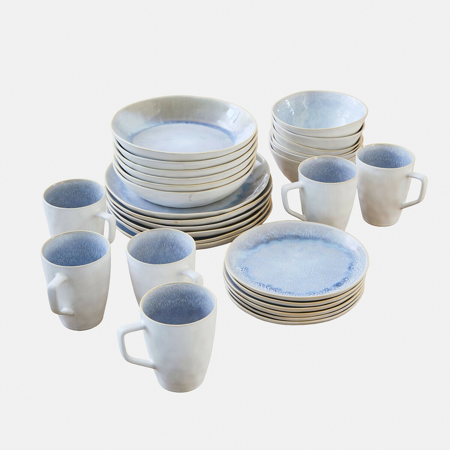 Zastawa, zestaw 30 szt. Vionette Zestaw naczyń ceramicznych w odcieniach białym i niebieskim z talerzami i kubkami do serwowania posiłków