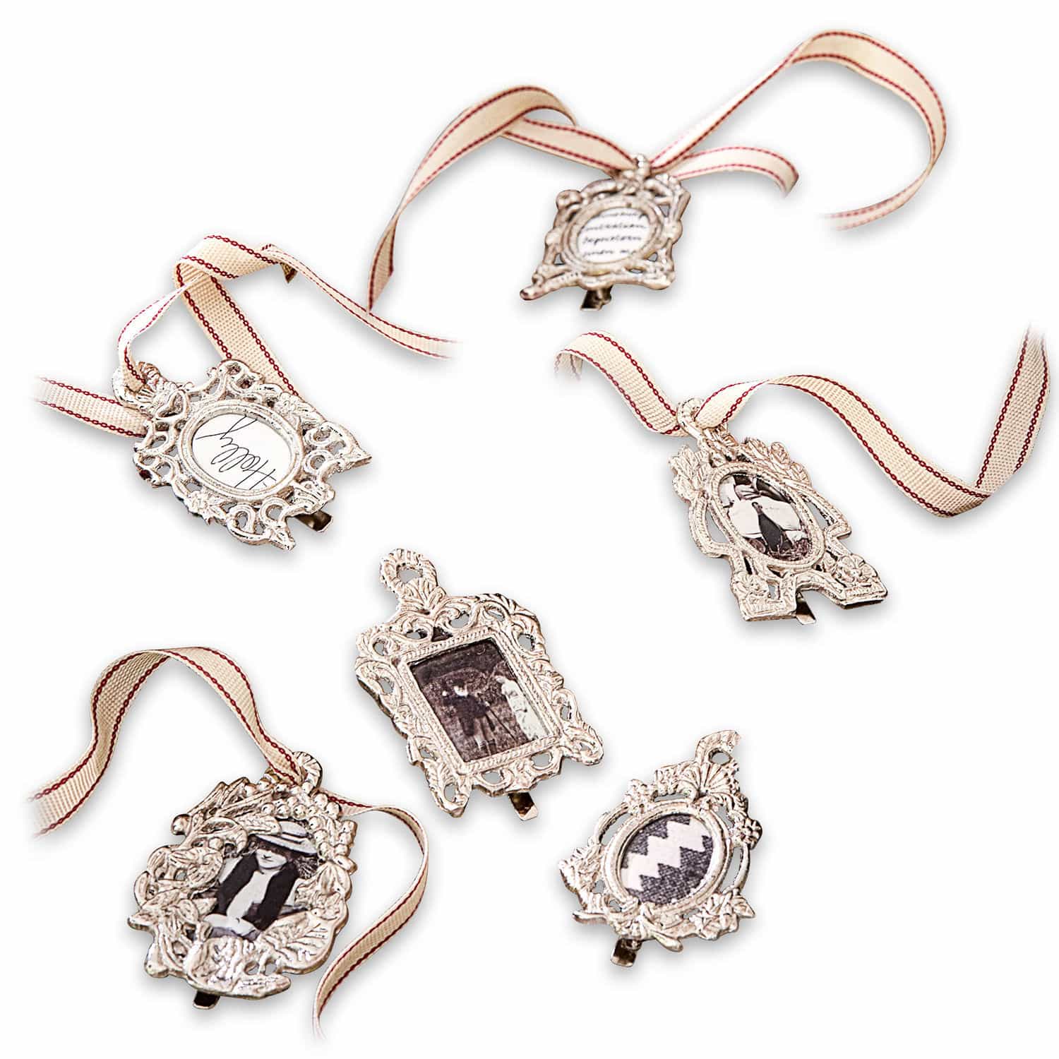 Ramka na zdjęcia, zestaw 6 szt. Maidallion Zestaw sześciu ozdobnych metalowych ramek na zdjęcia z kremowymi wstążkami do zawieszenia