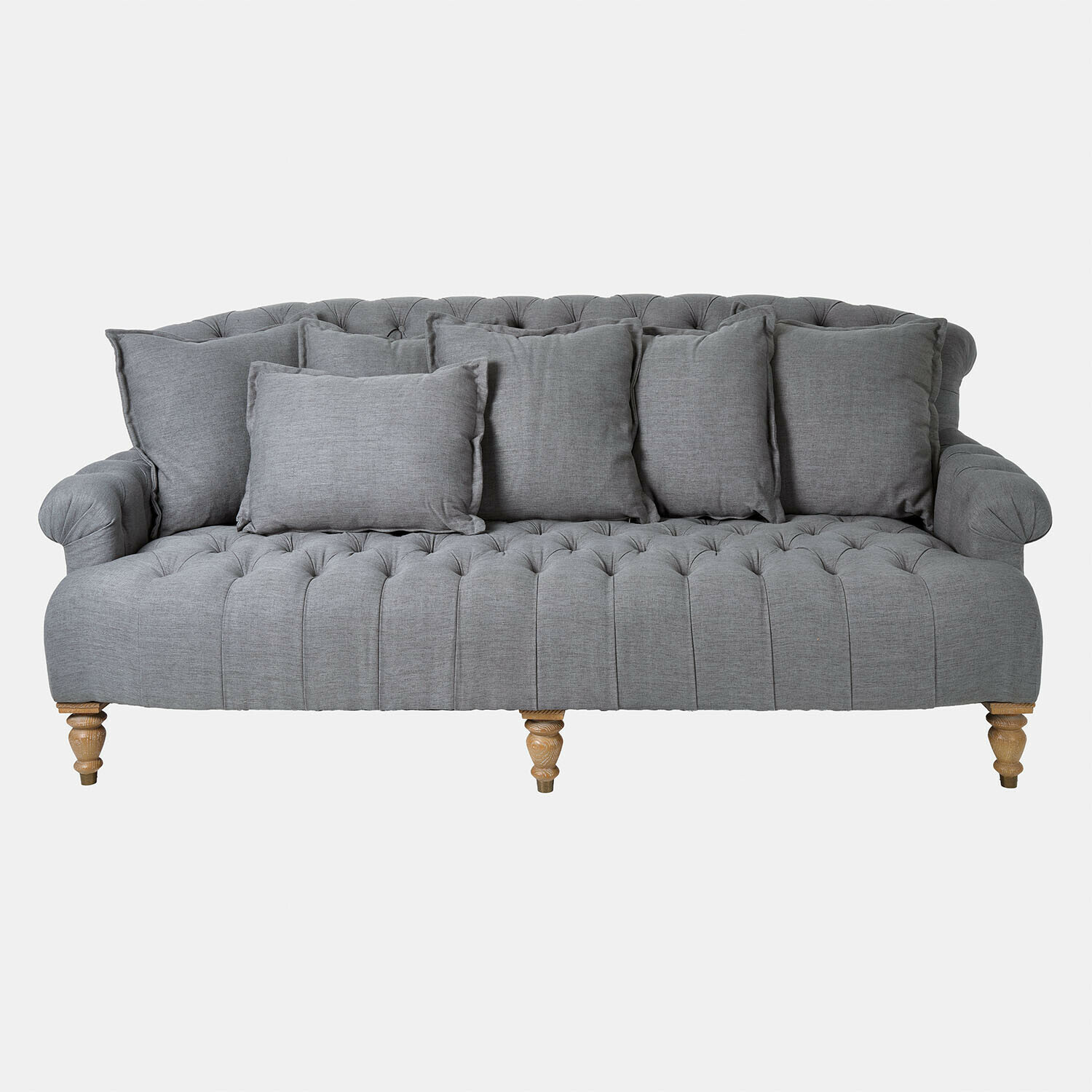 Sofa Springfield Village Szara tapicerowana sofa z tkaniny z poduszkami i drewnianymi nogami, wygodne meble do salonu